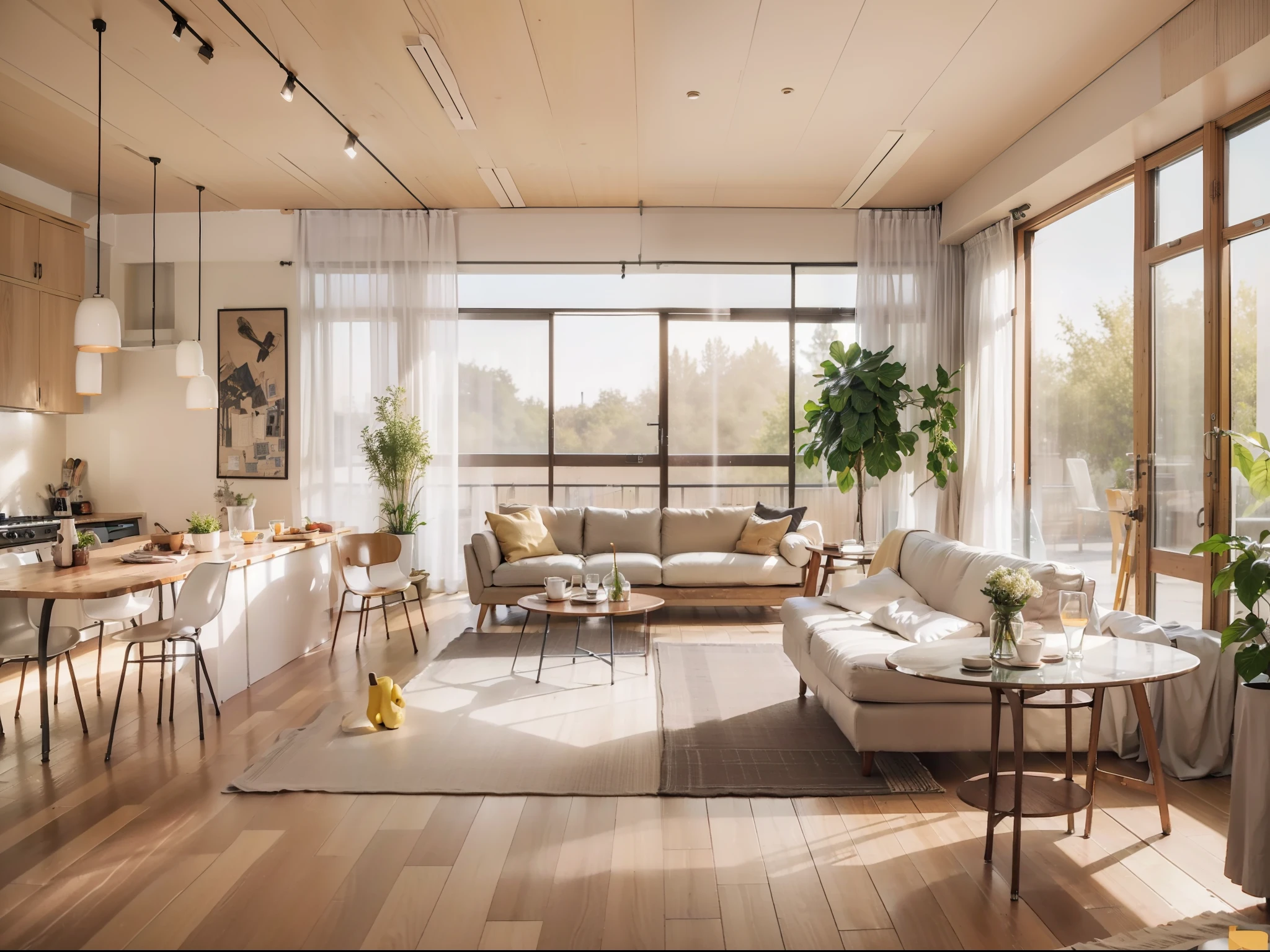 a sketch of a beautiful modern living room, (((foster and partners, artists impression, artistic impression, by Hamish MacDonald, by Carey Morris, by David Brewster, higher detailed illustration, by Helen Berman, an illustration, detailed illustration, by Nick Fudge, by Warren Mahy, artist's impression))), a kitchen cabinet behind the white sofa, with minimal pictures on the wall, linen curtain next to the classroom window, coffee table, modern wood, ceiling with magnetic emissive lighting, white fabric PRB textures, wooden floor PRB texture,
