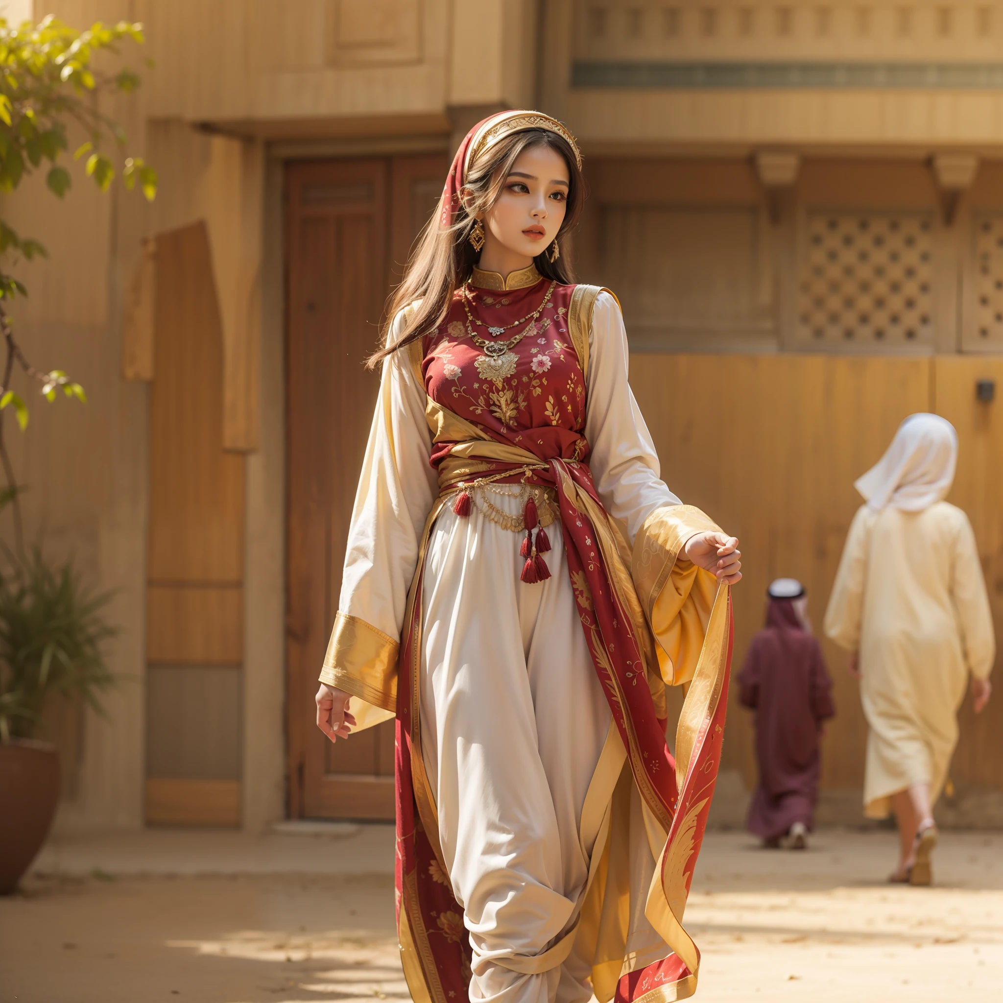 (Best quality), (Masterpiece), (1girl), beautiful girl walking, India traditonal clothes, India style, sunny, earth tone