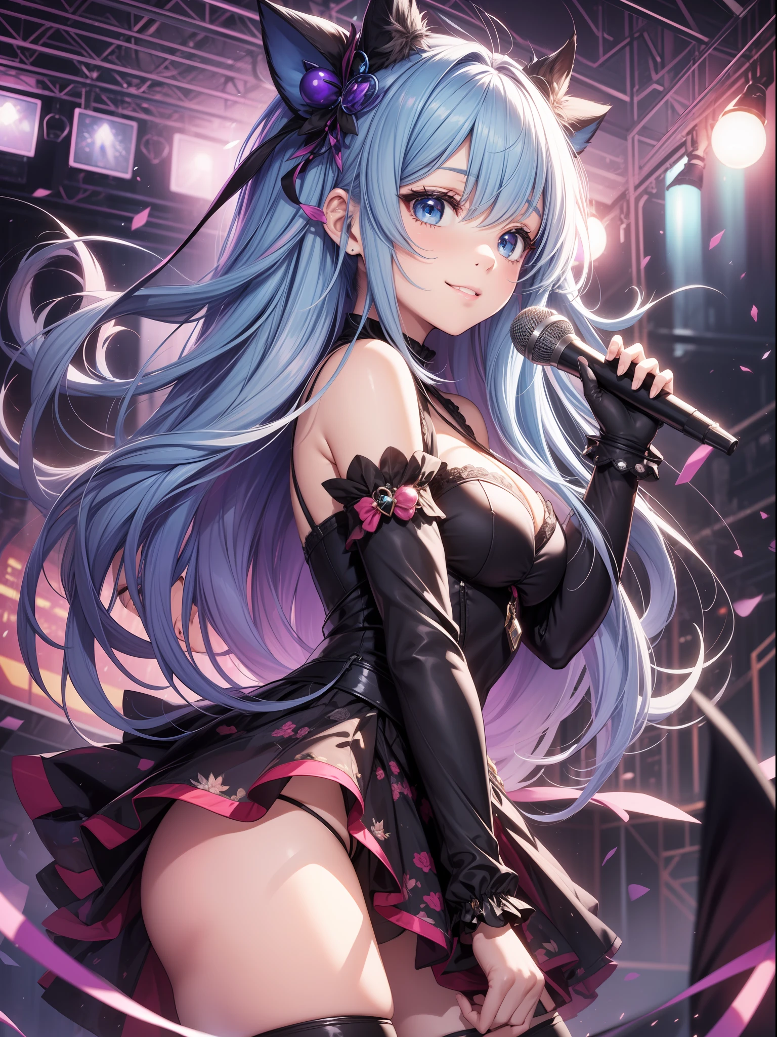absurderes、ultra-detailliert、masterpiece、top-quality、BREAK、Official art、(Beautifully Aesthetic:1.2)、BREAK、Devilish Pretty Girl 1.2、a beauty girl、(kawaii:⒈3)、sixteen years old、BREAK、colourful hair、Splash、(Mixed blue and pink hair:1.2)、(フラクタルアート1.3)、BREAK、Cat's ears、A sexy、(Cat gloves、Fluffy hands)、BREAK、Like a cat's paw、Short socks、human - shaped、BREAK、AI Concert、BREAK、random eyes、BREAK、From Side、Look at viewers、BREAK、((Above the live stage))、Coming Idol Costume、Sing while holding the microphone with your left hand、Neon Detail Spotlight、BREAK、BREAK、Shyness、tension、red blush、(Face smiling happily with butt sticking out)、The best smile、BREAK、Versatile poses、BREAK、Standing、BREAK、(Cute panty shot、Cute embroidered string panties)