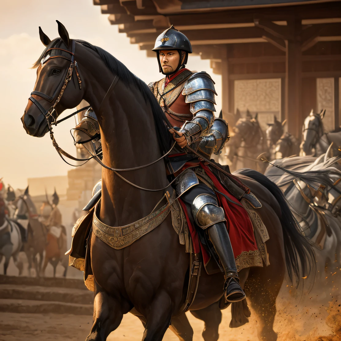 A cavalryman,Riding a black horse,Hold the reins of the horse in your hand,Long knife at the waist,Carrying a heavy crossbow,Dressed in Tang Dynasty heavy armor,Determined gaze,Face of vicissitudes --auto
