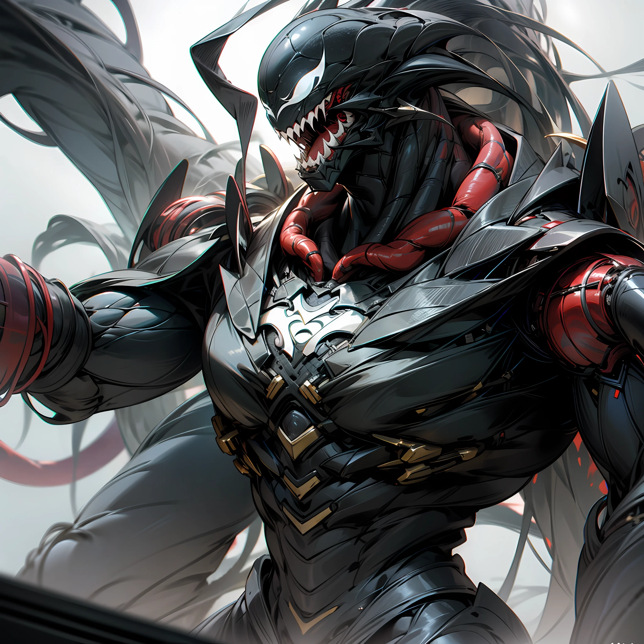 "An awe-inspiring depiction of Venom symbiote merging with a formidable and muscular cyborg, showcasing their fascinating and powerful presence."