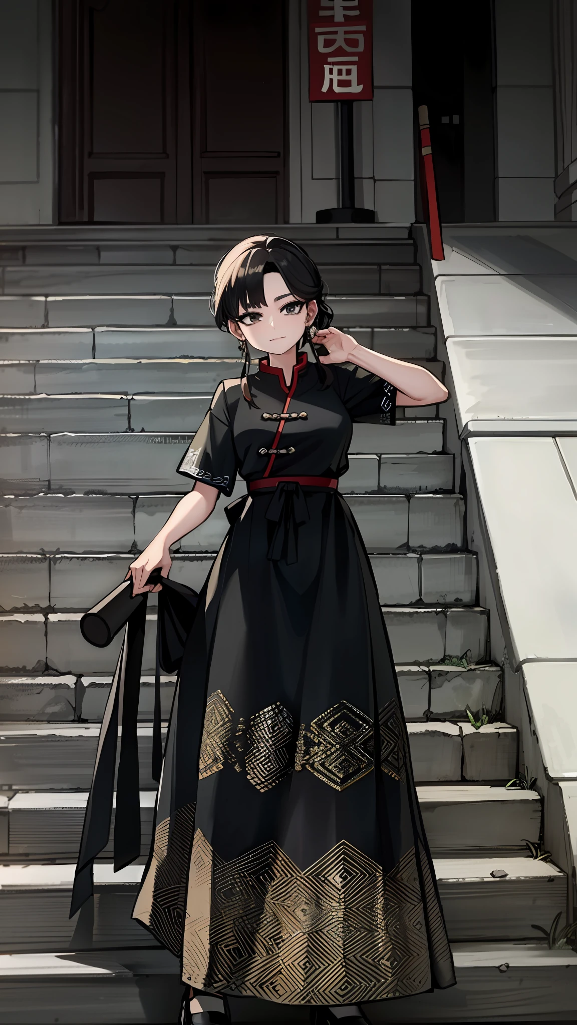 A woman in a black dress holds an umbrella on the steps in front of the building, clothed in ancient street wear, traditional tai costume, with acient chinese clothes, jia, inspired by Zhang Yin, Hanfu, shaxi, Chinese traditional, Inspired by Dai Xi, intricate hakama, Traditional Chinese clothing, gongbi, inspired by Miao Fu, Lu Ji