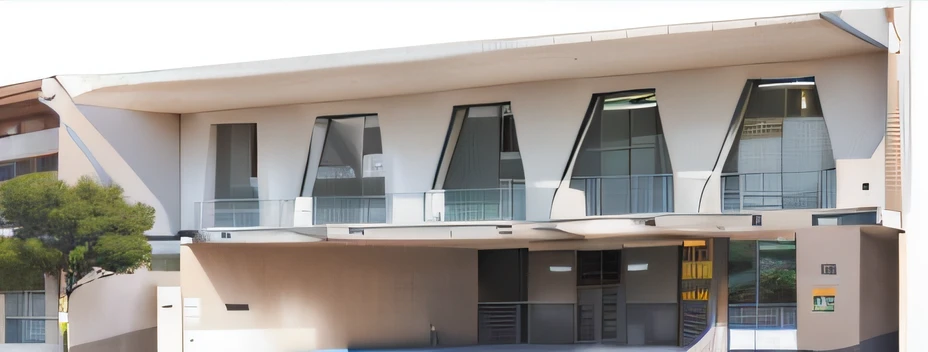 There is a building with large windows and fire hydrants, central image, building facing, acclaimed masterpiece, uploads, 2040, Entrance to the gymnasium, detailed photograph, arhitectural shot, coper cladding, Single building, frontage, modern technology building, architectural concepts, front symetrical, full building, up front view, Sports facilities