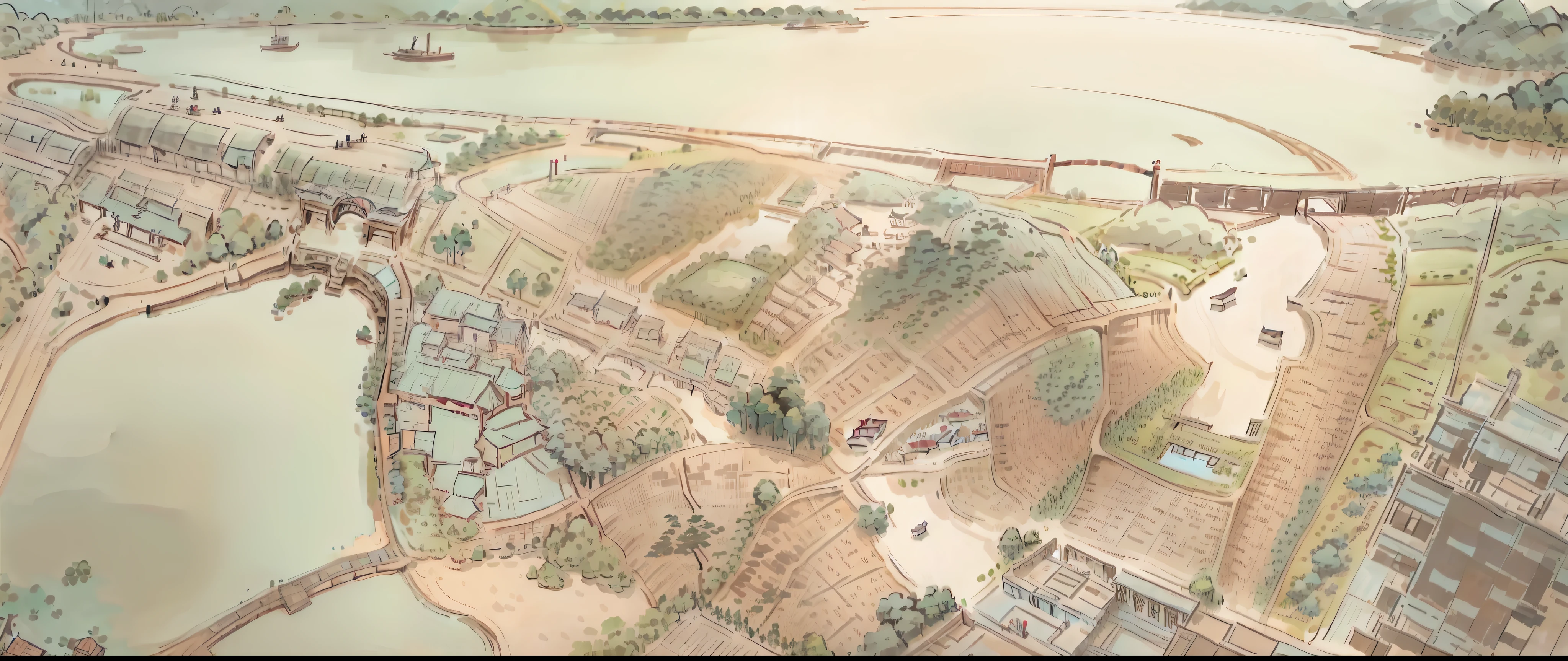 Chinese style illustration,(Illustrations),Floor plan of a park,There are a lot of trees and buildings in the background, Lake,Bridges,(Extremely detailed Cg Unity 8K wallpaper),(Masterpiece),(Best quality),(Ultra-detailed),(Best Illustration),(Best shadow), shuimobysim