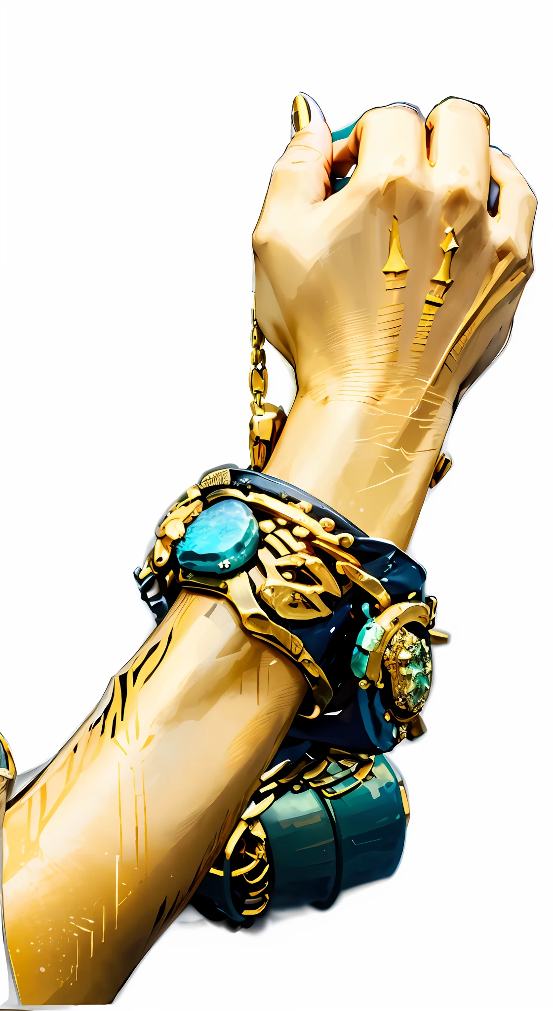 There is a statue of a hand,There is a ring on the wrist, closeup of arms, photo of a hand jewellery model, golden turquoise steampunk, detailed arms, turquoise gold details, Gold, black and aqua, scaled arm, black in color、Blue and gold jewelry, Broken gold shackles, full body!! maximalist details, war theme gauntlet, Holding a gold watch