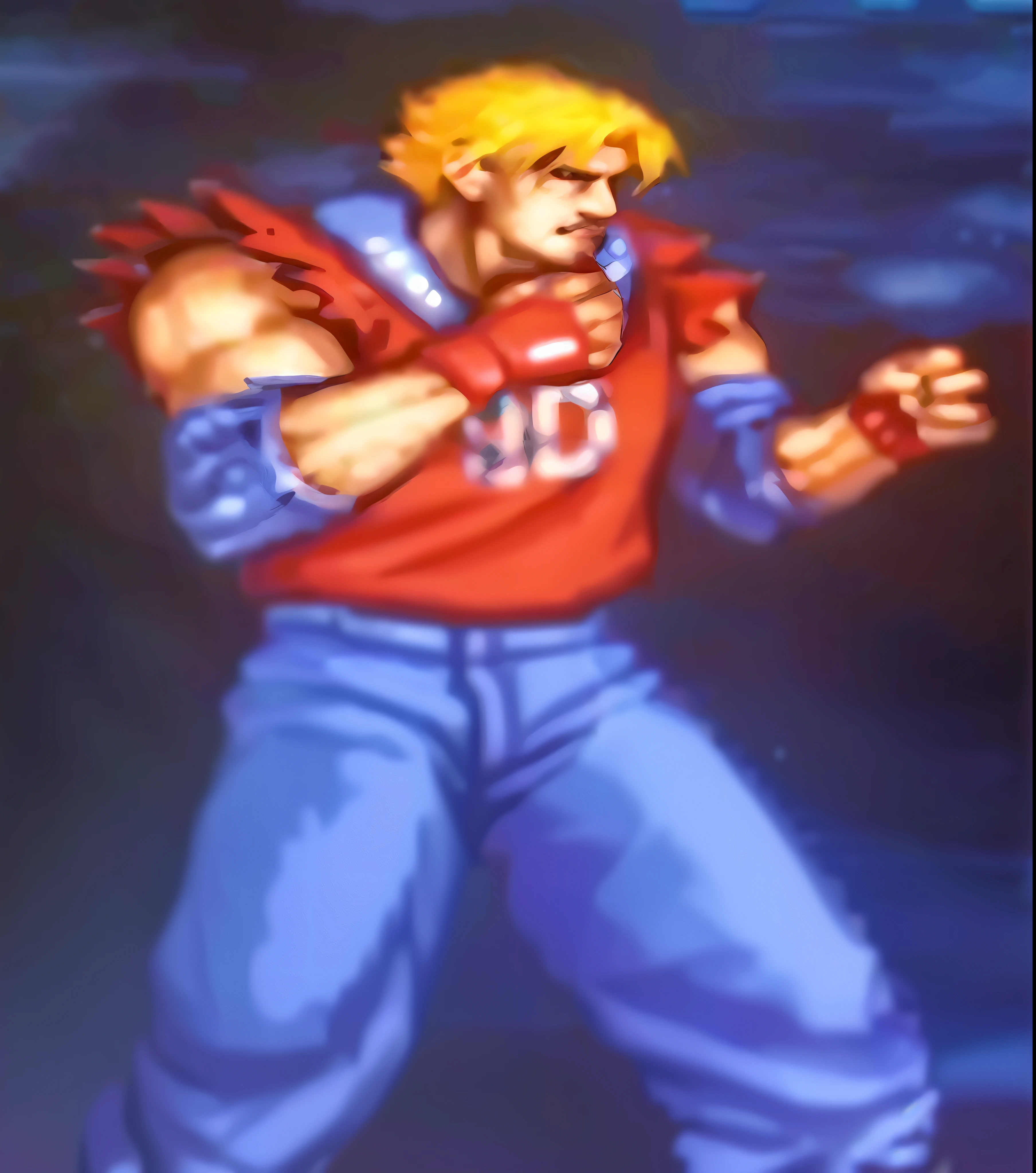 Video game close-up of a man in a red shirt, of virtua figther, kefka ff6, Contra, As a character in Tekken, 《king of fighter》role, king of fighters style, toriyama akira, haris nukem, author:Akira Toriyama, from ff7, 64x64