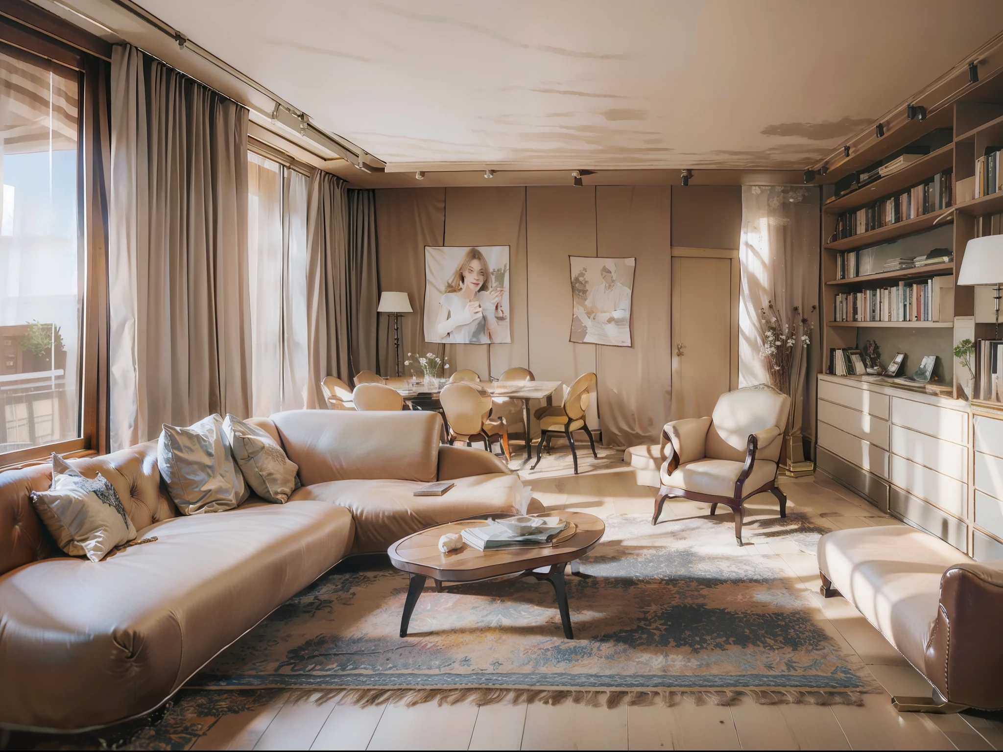a sketch of a beautiful modern living room, (((foster and partners, artists impression, artistic impression, by Hamish MacDonald, by Carey Morris, by David Brewster, higher detailed illustration, by Helen Berman, an illustration, detailed illustration, by Nick Fudge, by Warren Mahy, artist's impression))), a kitchen cabinet behind the white sofa, with minimal pictures on the wall, linen curtain next to the classroom window, coffee table, modern wood, ceiling with magnetic emissive lighting, white fabric PRB textures, wooden floor PRB texture,