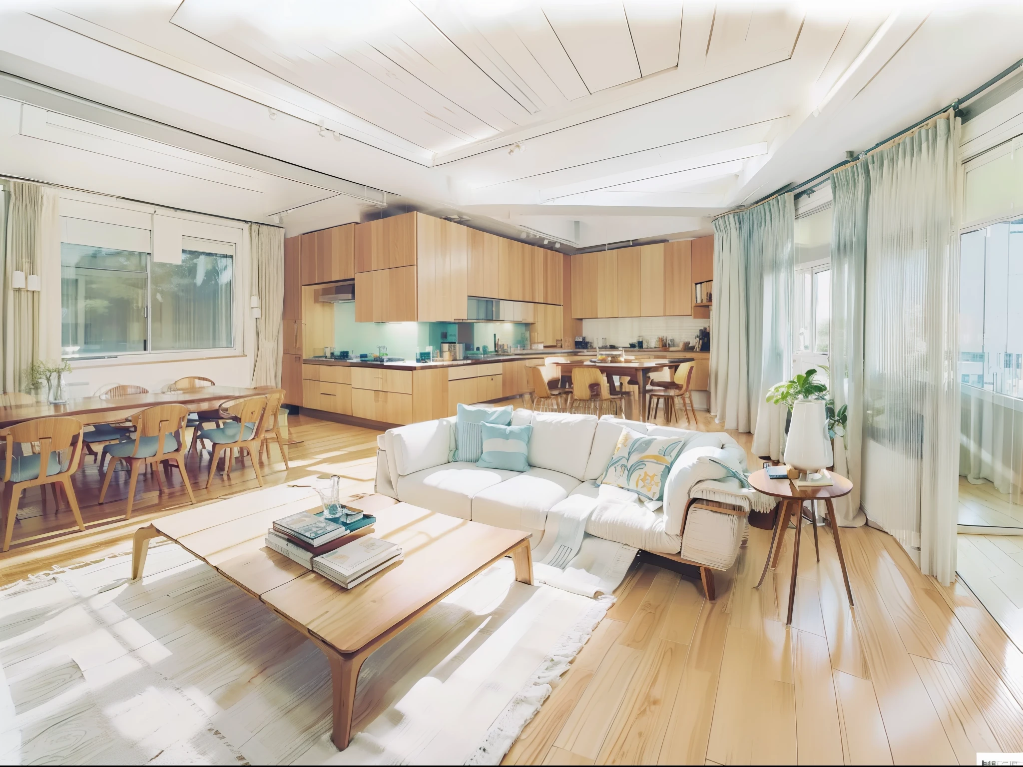 a sketch of a beautiful modern living room, (((foster and partners, artists impression, artistic impression, by Hamish MacDonald, by Carey Morris, by David Brewster, higher detailed illustration, by Helen Berman, an illustration, detailed illustration, by Nick Fudge, by Warren Mahy, artist's impression))), a kitchen cabinet behind the white sofa, with minimal pictures on the wall, linen curtain next to the classroom window, coffee table, modern wood, ceiling with magnetic emissive lighting, white fabric PRB textures, wooden floor PRB texture,