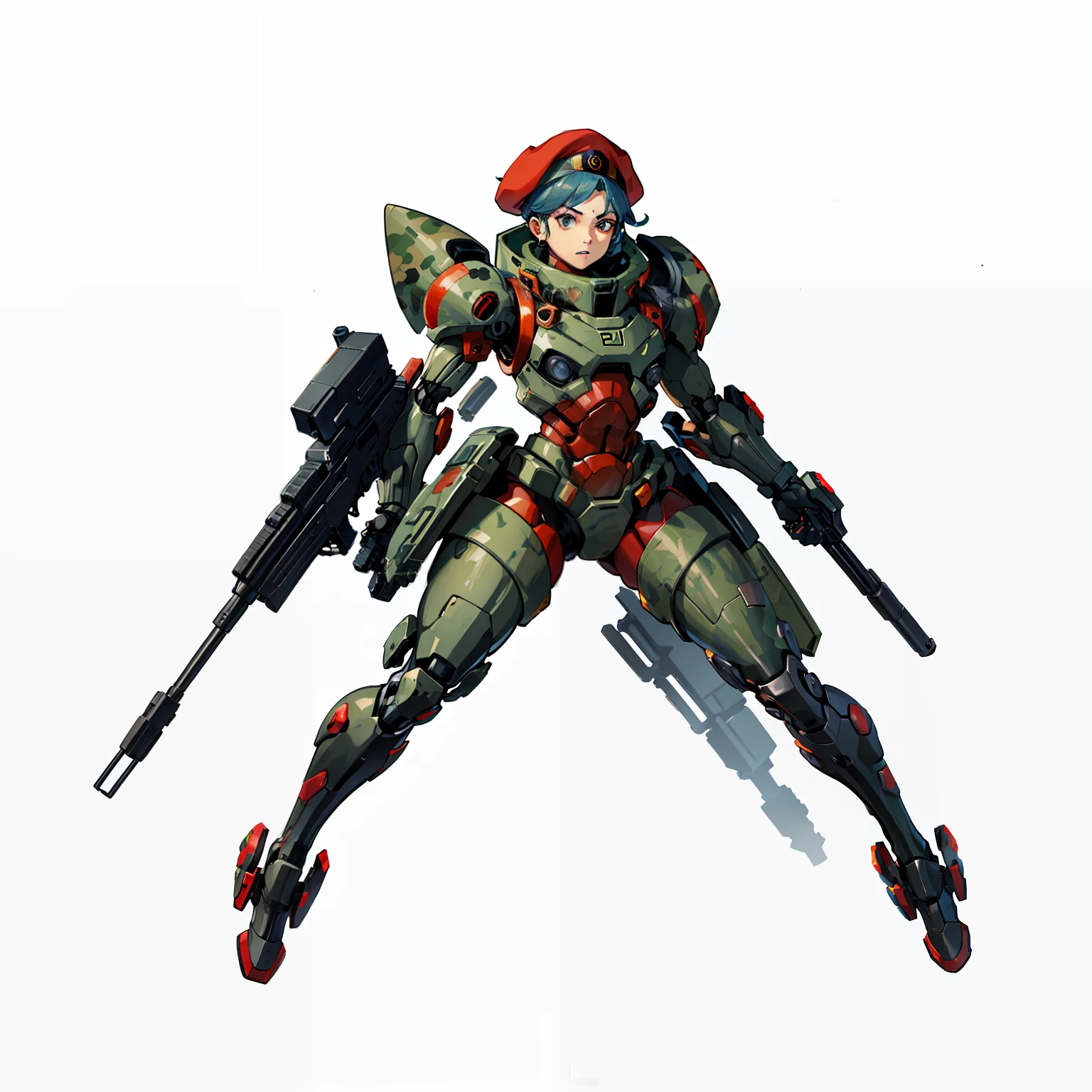 Biorobots, soldier, No background, White background, Full body shot, camouflage uniform, Red beret, big gun, Parts of the body are machines