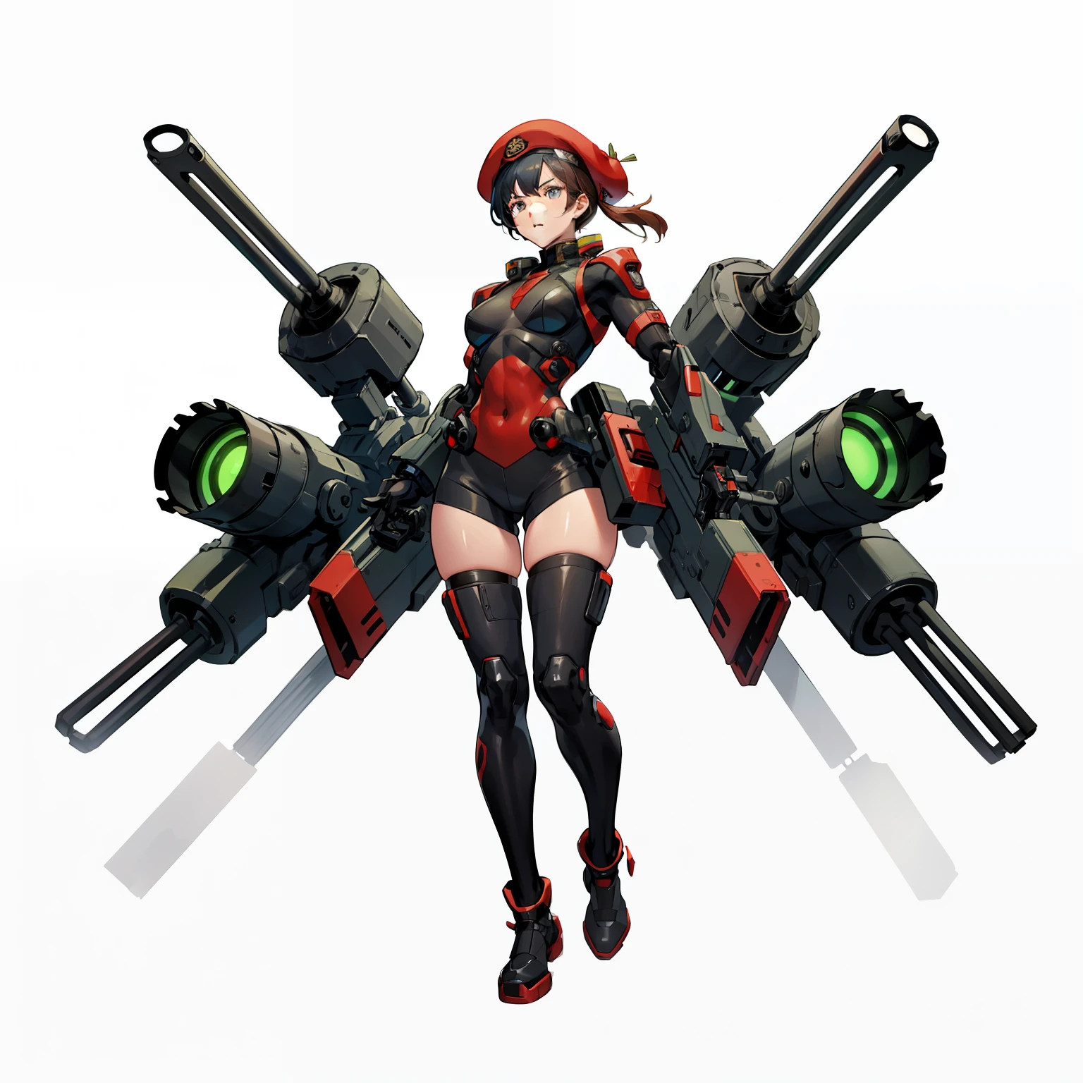 Biorobots, soldier, No background, White background, Full body shot, camouflage uniform, Red beret, big gun, Parts of the body are machines