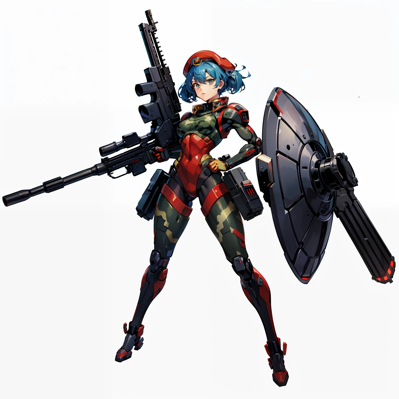 Biorobots, soldier, No background, White background, Full body shot, camouflage uniform, Red beret, big gun, Parts of the body are machines