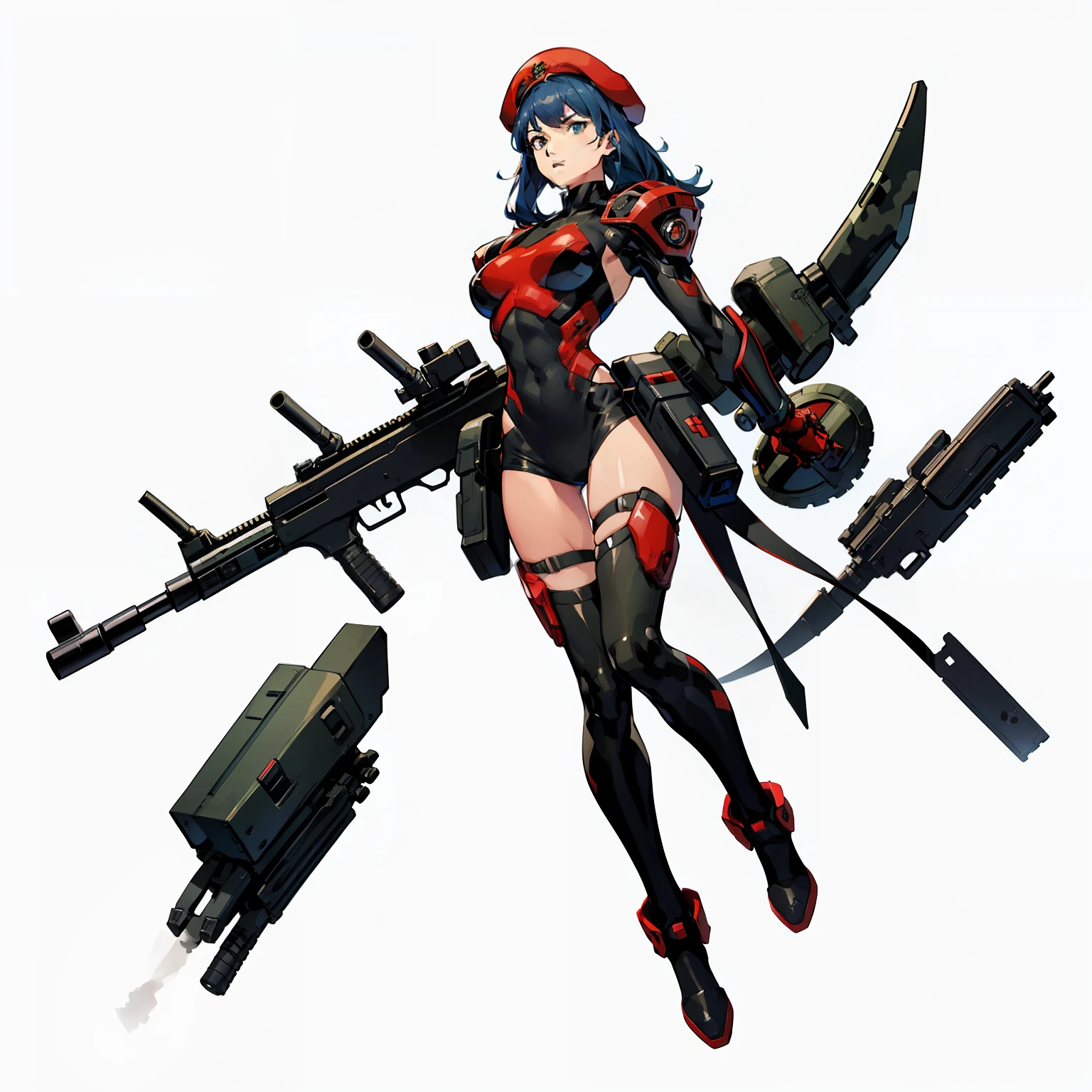 Biorobots, soldier, No background, White background, Full body shot, camouflage uniform, Red beret, big gun, Parts of the body are machines