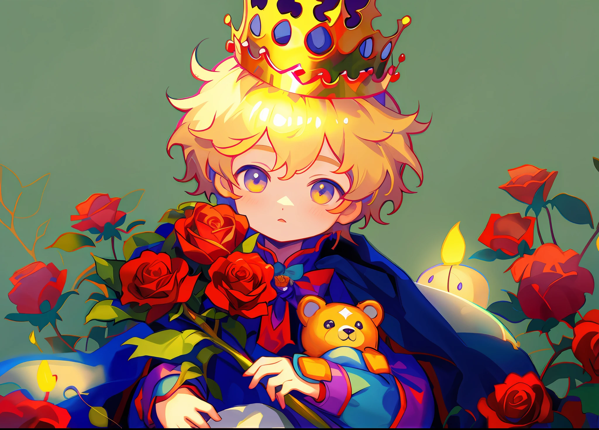 Anime boy in crown holding teddy bear and rose, coronation of the flower prince, the flower prince, , Red Gear Prince Crown, The blonde prince, with crown, Guviz-style artwork, portrait of magical blond prince, amazing wallpapers, crown of roses, Guviz, Beautiful wallpaper