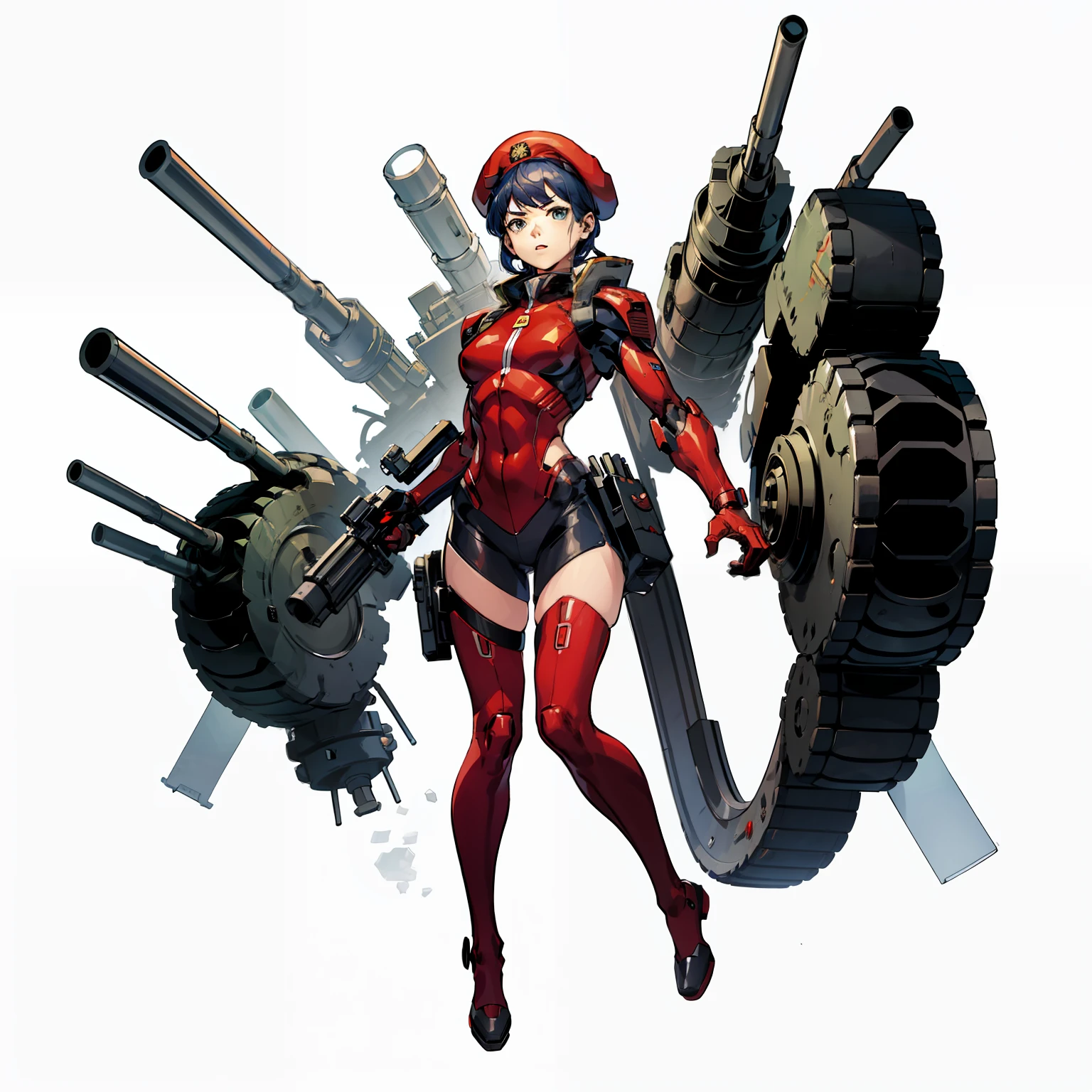 Biorobots, soldier, No background, White background, Full body shot, camouflage uniform, Red beret, big gun, Parts of the body are machines