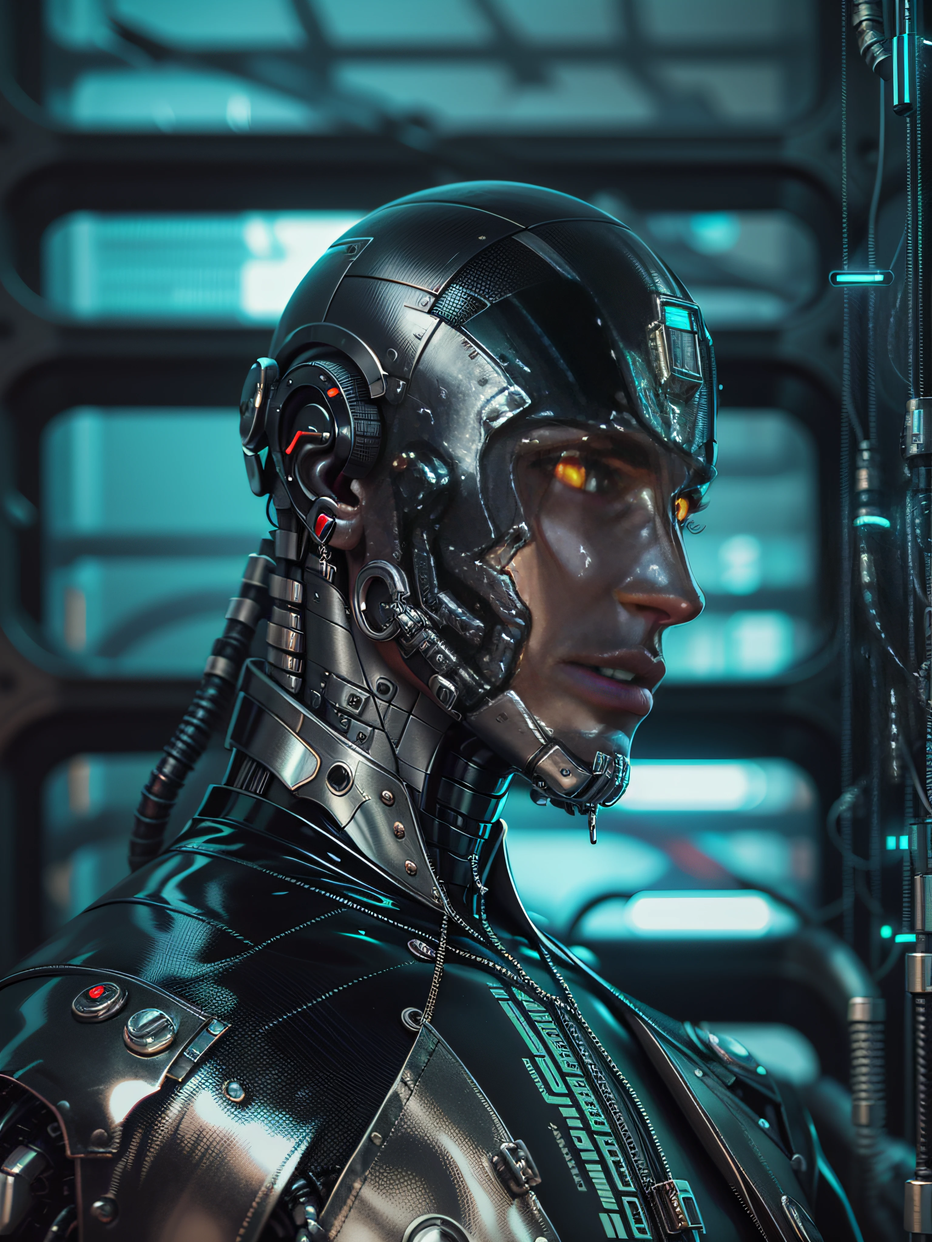 Arafede man in black latex suit,Metallic body, bionic scifi alexandre ferra, cyborg neck, cyborg male, male cyborg, cyborg fashion model, portrait of a cyborg, detailed portrait of a cyborg, cybernetic neck implant, portrait of a futuristic robot, dystopian sci-fi character, sci - fi character, portrait of a cyberpunk cyborg