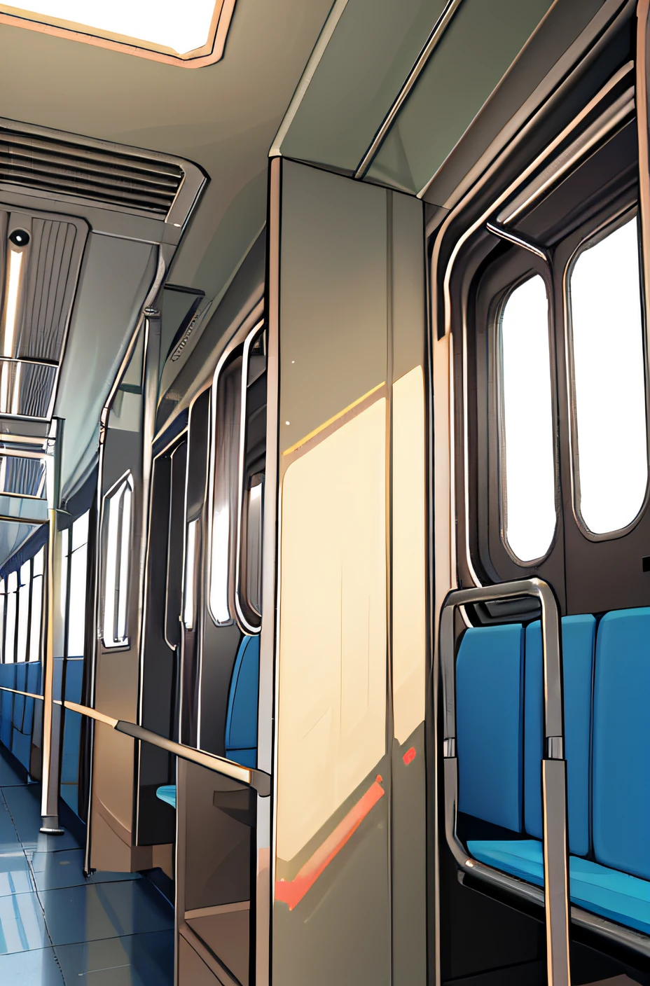 "(tmasterpiece, PremiumQuality, Ultra-detailed depiction,:1.2, Storyboard, architecture,, Train, Train interior, The upper part of the body, Best quality)"
