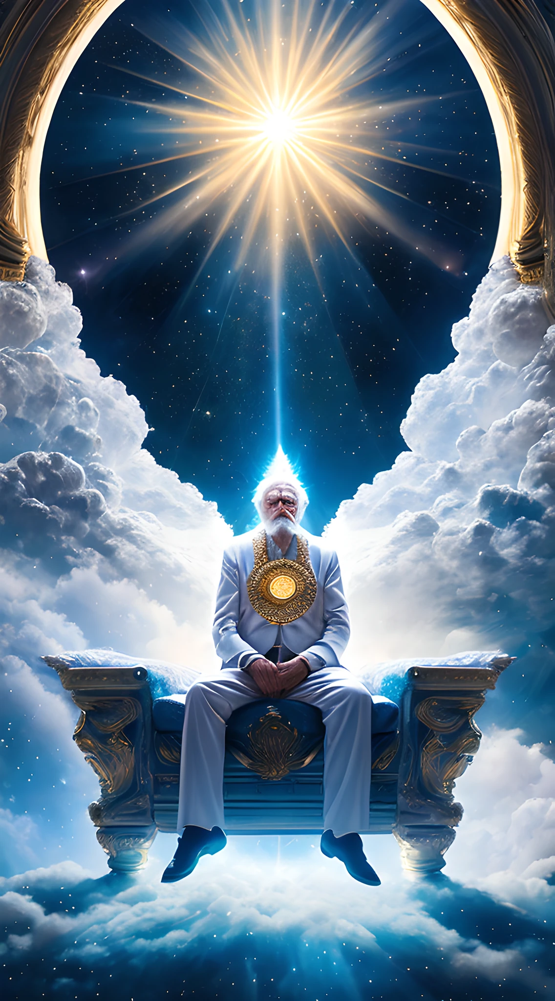 super high resolution, best quality, photo, 16k, (photorealistic: 1.2), cinematic lighting, An old man in the shape of a mythical god. Depict the god holding the sun and moon, enveloped by a radiant aura. Seat them on a magnificent throne within a cosmic backdrop, in bright white cloaks floating on the crystal throne, floating on crystal clouds, surrounded by the splendors of the universe. Pay meticulous attention to stunning details and achieve a resolution of 64K for an immersive and realistic visual experience. Let your work capture the essence of myth and wonder, leaving viewers in awe of its beauty and power.