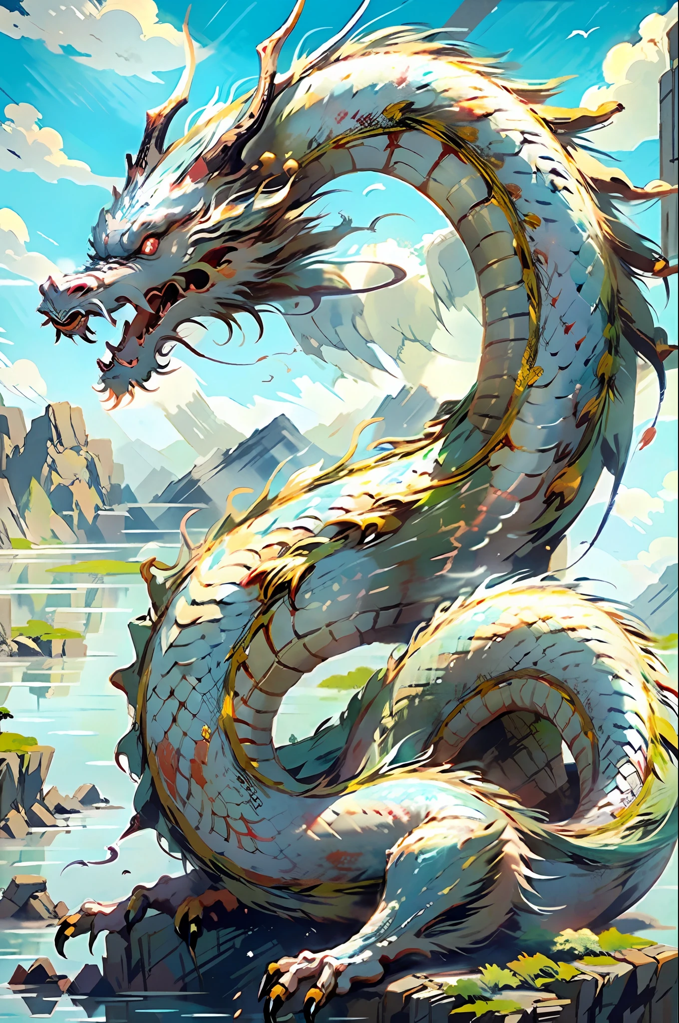 best qualtiy， tmasterpiece， 超高分辨率， Naked non-humans， （The long： 1.2）， Skysky， red eyes， ​​clouds， scutes， Dark Eastern Dragon， with her mouth open， dentes pontiagudos， fly， banya， teeth， daysies， clawed paws， fang， Blue sky Chinese dragon、explore、mountain water、scutes、respectable、strength、plateau、Traditional pattern、