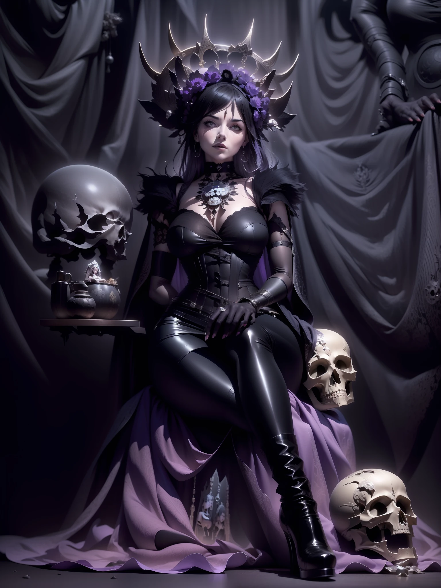 a mysterious woman sitting as the goddess of death, with death clouds, sitting on a skull, purple eyeshadow, long nails, sexy clothing, axial symmetry, and a magnificent background.black leather corset, long skirt, black boots, silver jewelry, dark background, enigmatic and alluring expression, Canon EOS R5 camera, Ilford Delta 3200 film, 50mm lens, high contrast, Tim Burton, Guillermo del Toro, Neil Gaiman, Alexander McQueen, Vivienne Westwood
