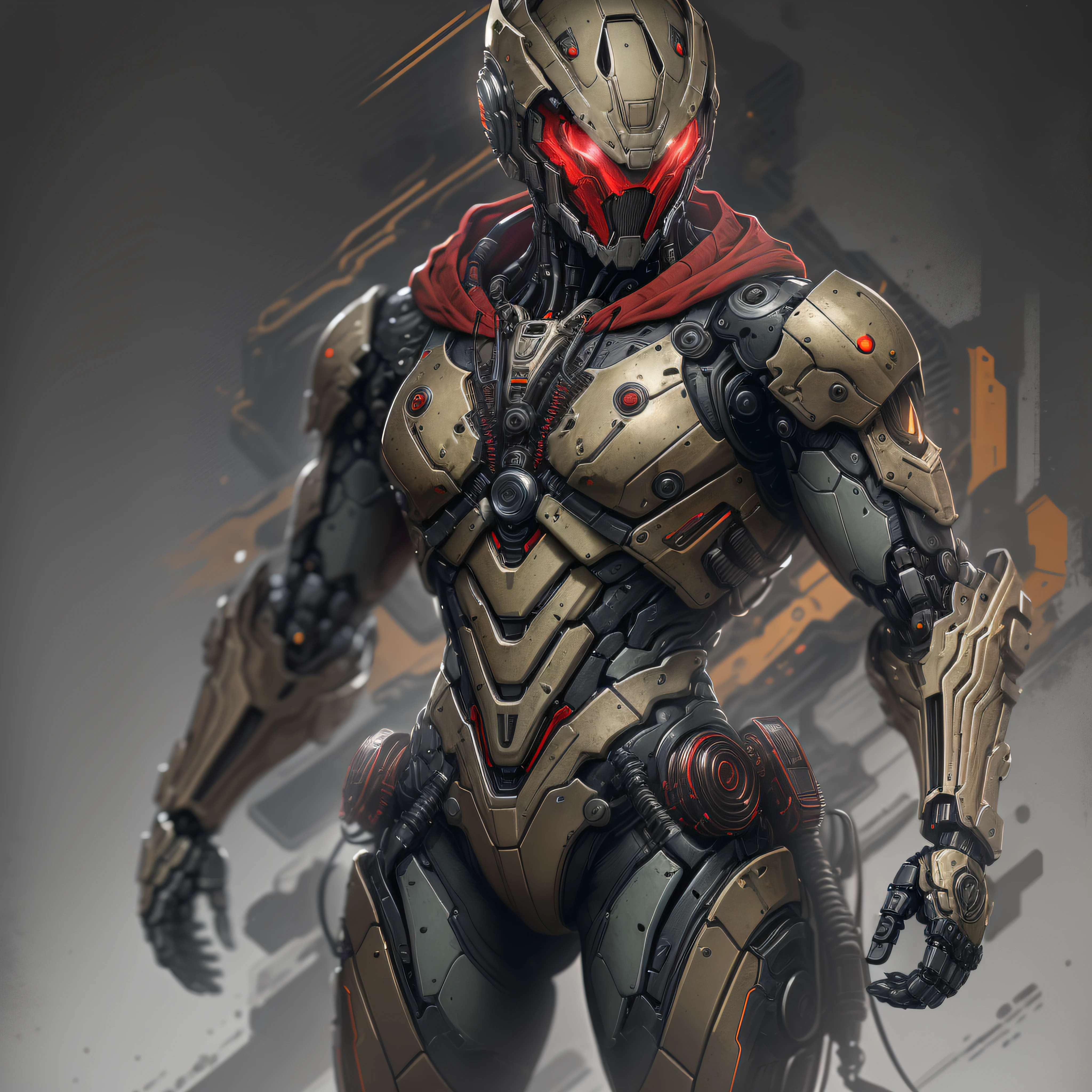 "Hyperrealistic rendering of The Red hood, red Helmet, Red upper torso, black armor, brown jacket, showcasing his black biomechanical suit with intricate robotic details. The composition should emphasize his full figure, with clean and precise lines. The overall visual style should incorporate a cyberpunk aesthetic, reminiscent of a masterpiece featured on Zbrush Central."
