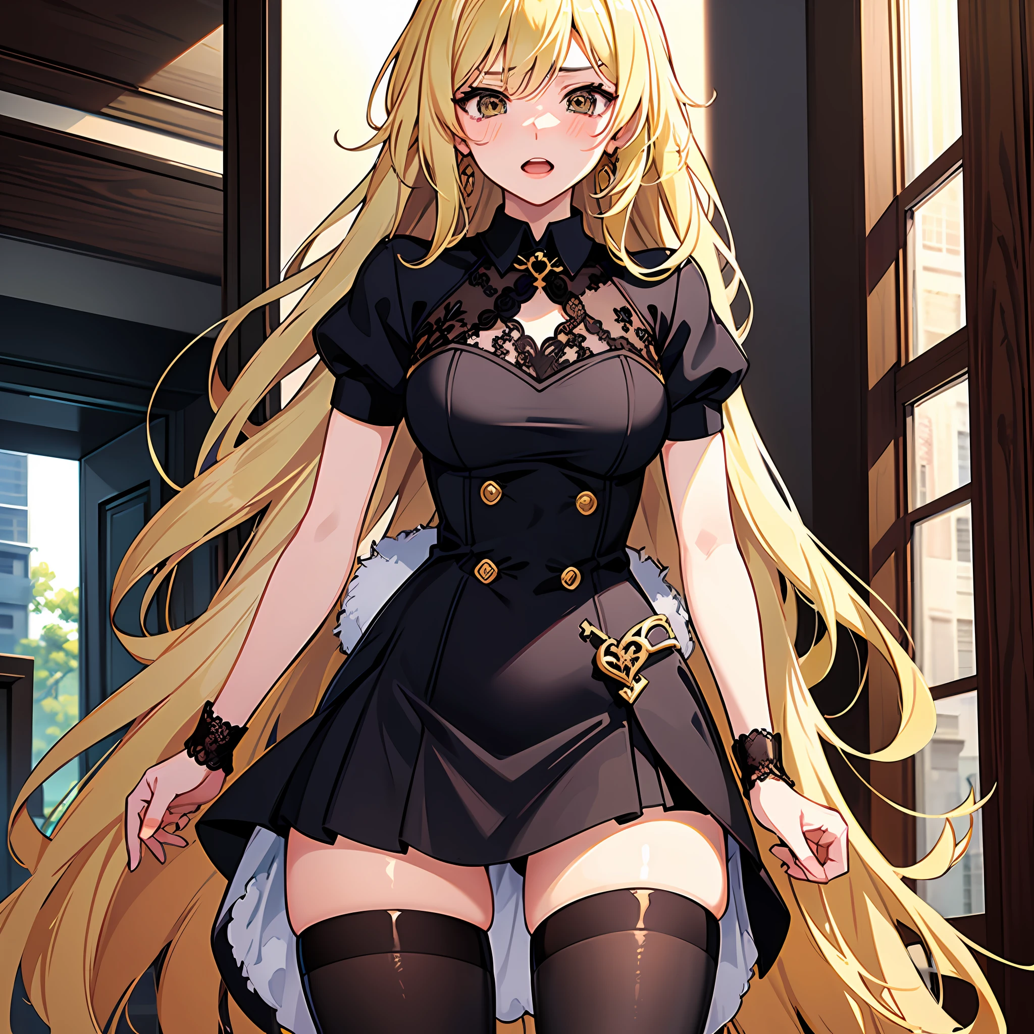 1girll,(Long fluffy blonde hair:1.6),Business suit,Skirt that wraps hips,black long socks,Mature and beautiful,Rich and noble families,Stand at the bathroom door,crasy,screaming, tearing up, ear blush, flustered, heavy breathing, full-face blush,looking at viewert,Ultra-detailed CG,Exquisite facial features,Clear facial expressions,Detailed digital anime art,Digital anime art,High quality anime art style