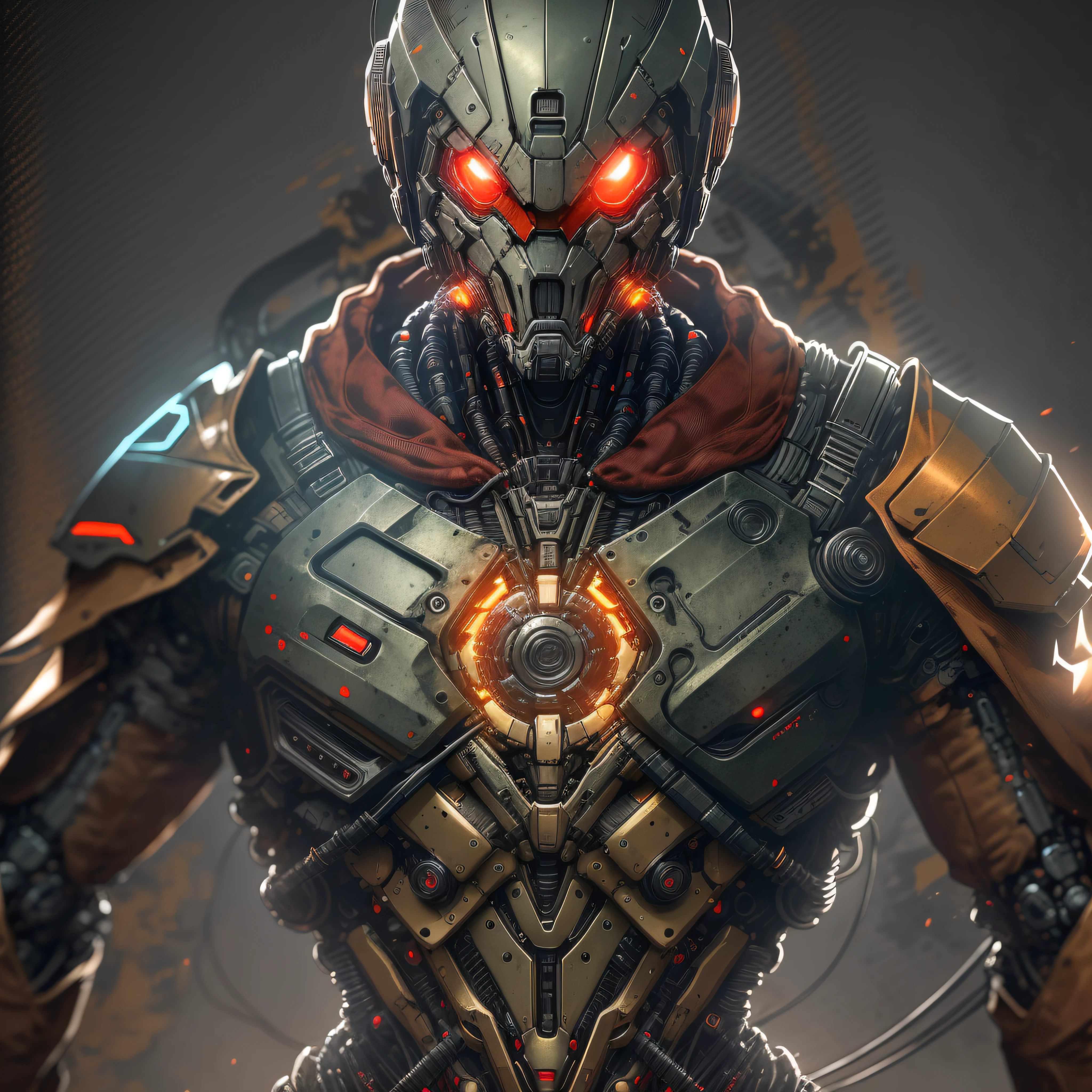 "Hyperrealistic rendering of The Red hood, red Helmet, Red upper torso, black armor, brown jacket, showcasing his black biomechanical suit with intricate robotic details. The composition should emphasize his full figure, with clean and precise lines. The overall visual style should incorporate a cyberpunk aesthetic, reminiscent of a masterpiece featured on Zbrush Central."