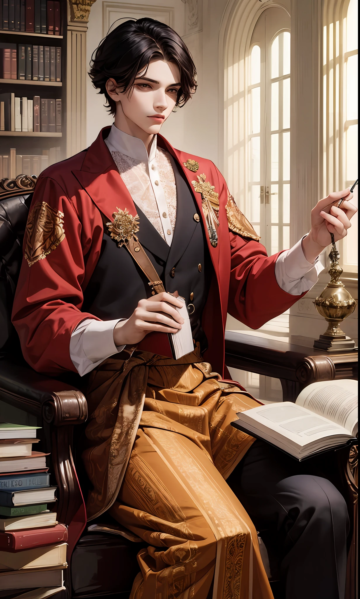 masterpiece, top quality, best quality, official art, beautiful and aesthetic:1.2), (1man), man, young man, man of 16, extreme detailed,(fractal art:1.3),colorful,highest detailed, black hair, short hair, black eyes, prince, thin, sitting, sitting in library, sitting on throne, holding a book, big books flying around, cover style