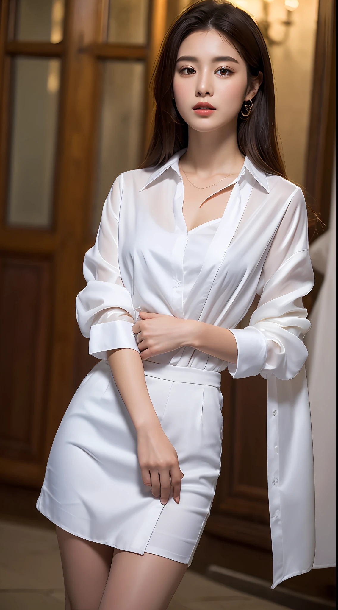 ((Best Quality, 8K, Masterpiece: 1.3)), open white silk shirt