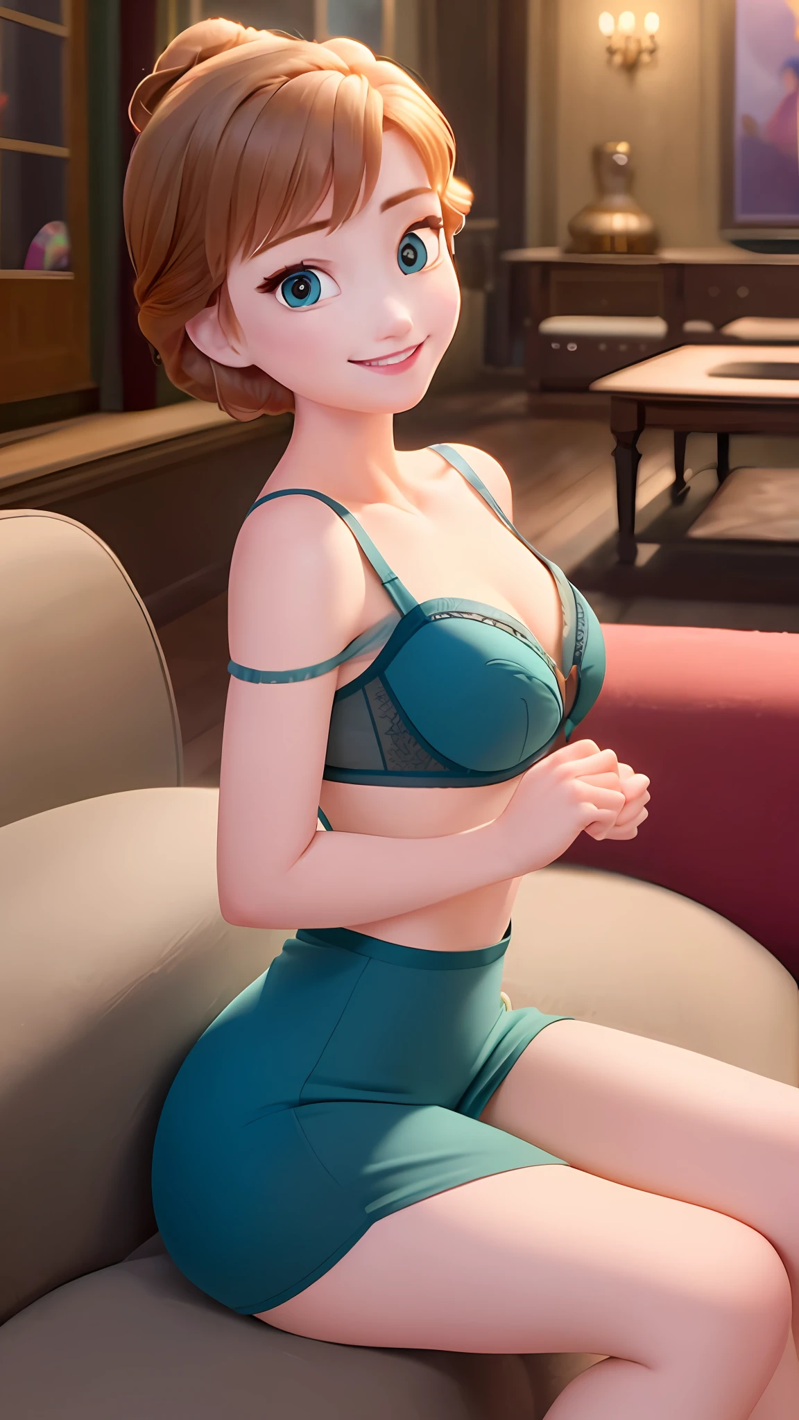 (masterpiece:1.4)、(best qualtiy:1.4)、(hight resolution:1.4)、Anna of Arendelle、bare shoulders、bra very、T back、Uploaded、inside the house、sitting in the couch、ballroom、looking at the viewers、a smile、