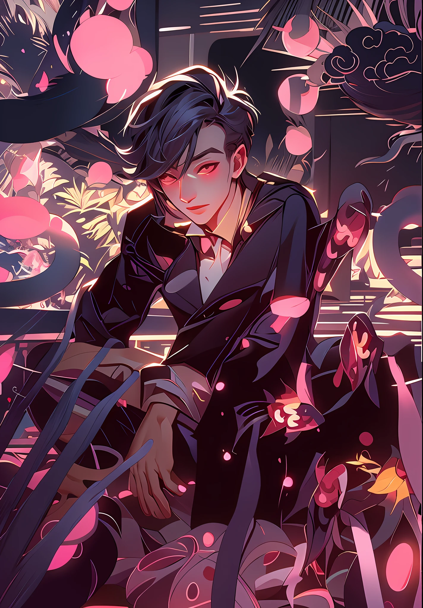 anime - style illustration of a man kneeling on a ledge with fish in the background, inspired by Yanjun Cheng, artwork in the style of guweiz, delicate androgynous prince, makoto shinkai cyril rolando, inspired by Yanagawa Nobusada, loish |, digital anime illustration, in the art style of bowater, 4 k manga wallpaper,masterpiece, best quality, (extremely detailed CG unity 8k wallpaper), (best quality), (best illustration), (best shadow), absurdres, realistic lighting, (Abyss), beautiful detailed glow