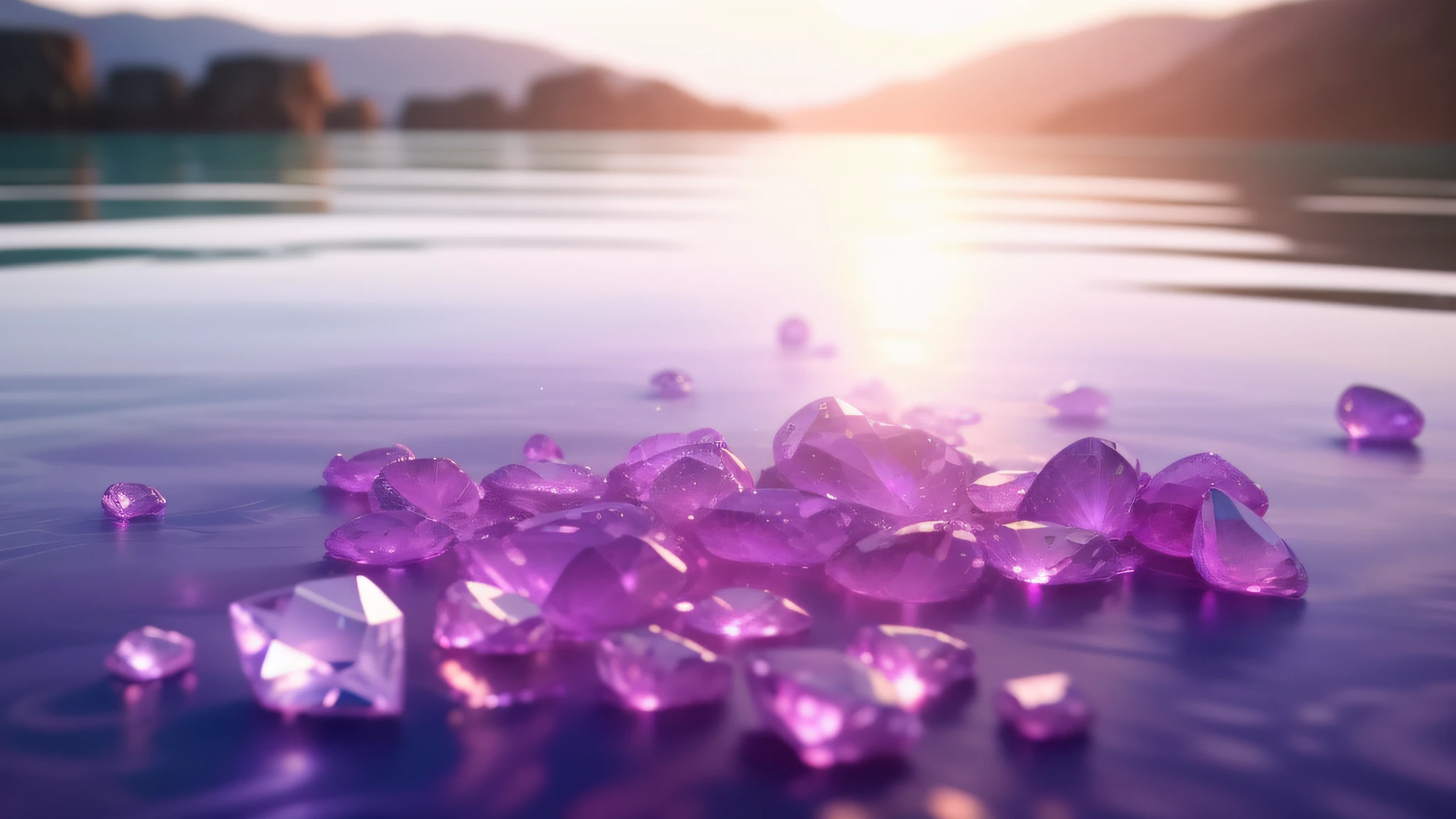 On the sparkling surface of the water is a light purple gradient laser tabletop,Hyper-realistic,photore,Accented with transparent diamonds,8K,Hyper-realistic,OC rendering,hyper HD,high high quality,tmasterpiece,Light sense --auto