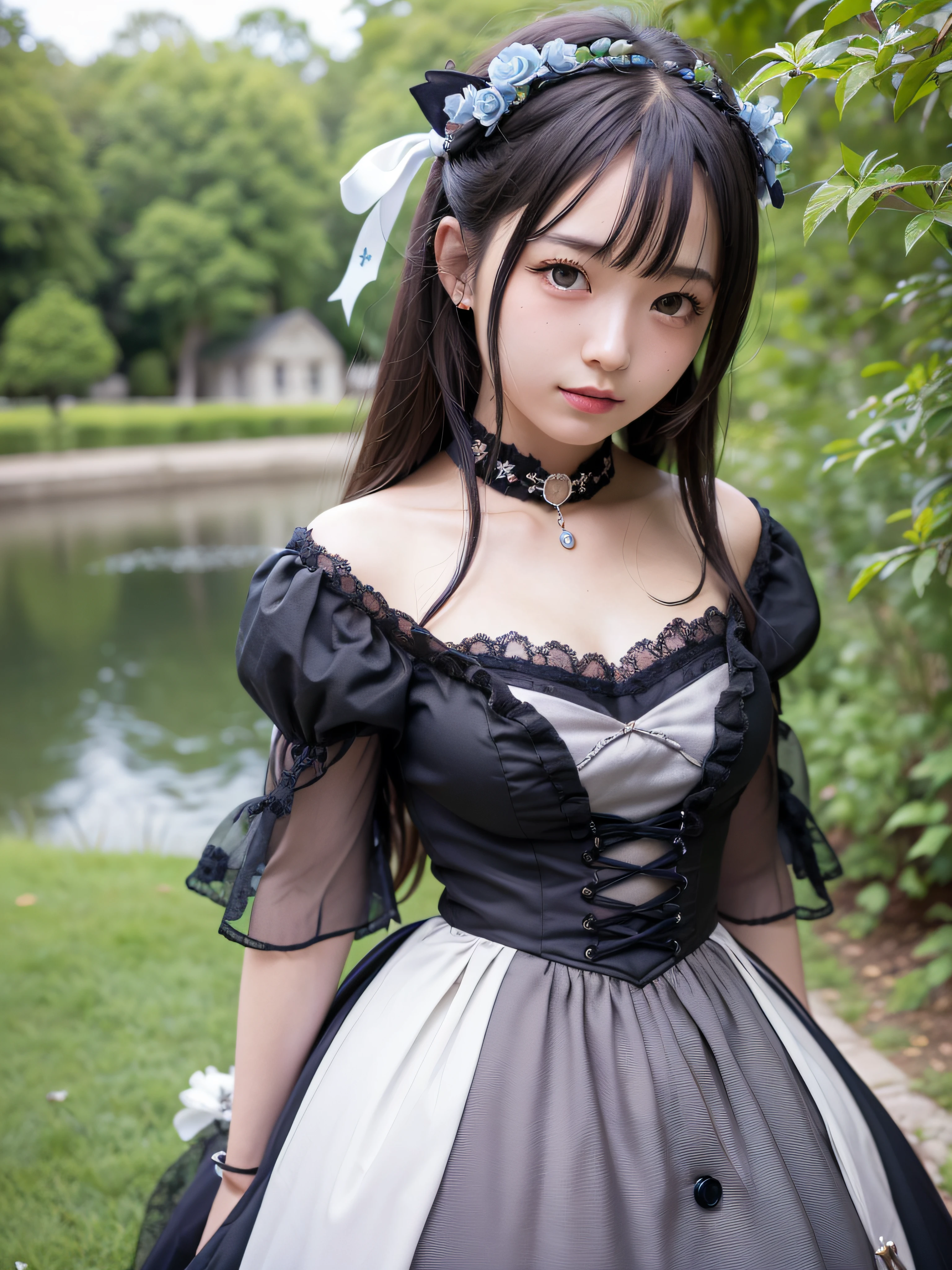 (realistic, photo realistic:1.37), incredibly absurdres, (insanely detailed:1.3), 8k, (masterpiece), (best quality:1.4), (ultra high res:1.2), (unity 8k wallpaper), 1 nogizaka girl, utterly cute, (bishojo:1.35), (15yo:1.4), ((alice and the pirates fashion)), detailed beautiful dress, hair accessory with blue rose, exquisitely detailed beautiful face and eyes and skin, detailed black shine hair, full body, perfect anatomy, smile at the camera, professional lighting, petit trianon garden and farmhouse, view a village and lake, ultra detailed background