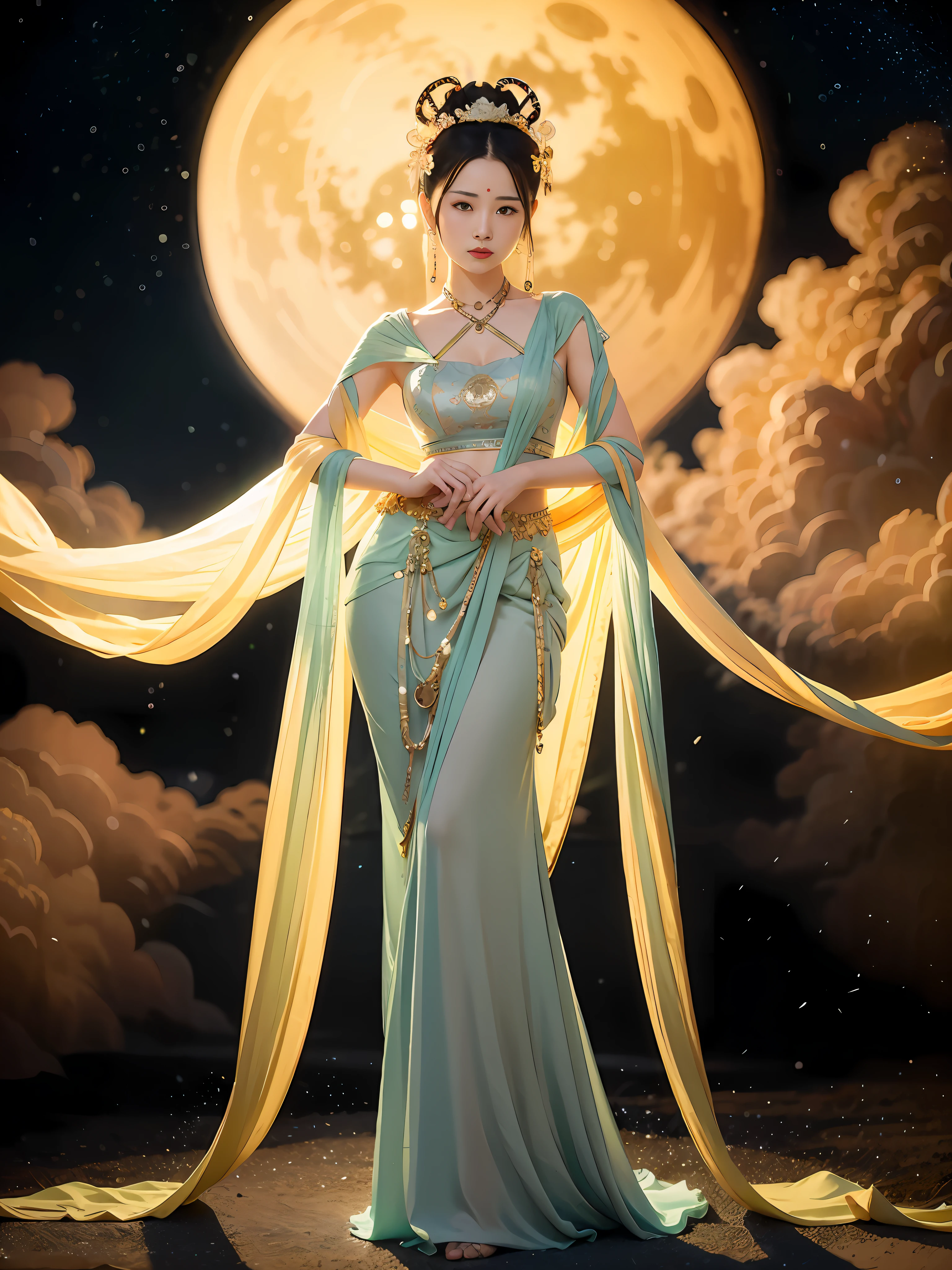 NSFW，tmasterpiece，the night，galactic，themoon，Chang'e，best qualtiy，Full body photo，starryskybackground，Grand，Static size，vastness，period costume，realisticlying，1girll，Urzang，（PureErosFace_V1：0.7），1 girl under the moon（（flight）），Chinese immortals，dunhuang_cloths，dunhuang_Style，（The background is a Chinese palace in the sky：1.5），（Clouds on the ground：1.5，Surrounded by smoke：1.5），（Chang'e rushes to the moon），best qualtiy，realisticlying，realisticlying，award-winning illustrations，（Complicated details：1.2），（exquisite detailing），（Complicated details），（cinematric light， Best quality backlight）， 清晰的线条， fashionable girl， tack sharp focus， photorealiscic face， 详细的脸， offcial art， Unity 8k Wallpapers， 超高分辨率， （realisticlying：1.5）， Look at the viewer， Ulzzang-6500，