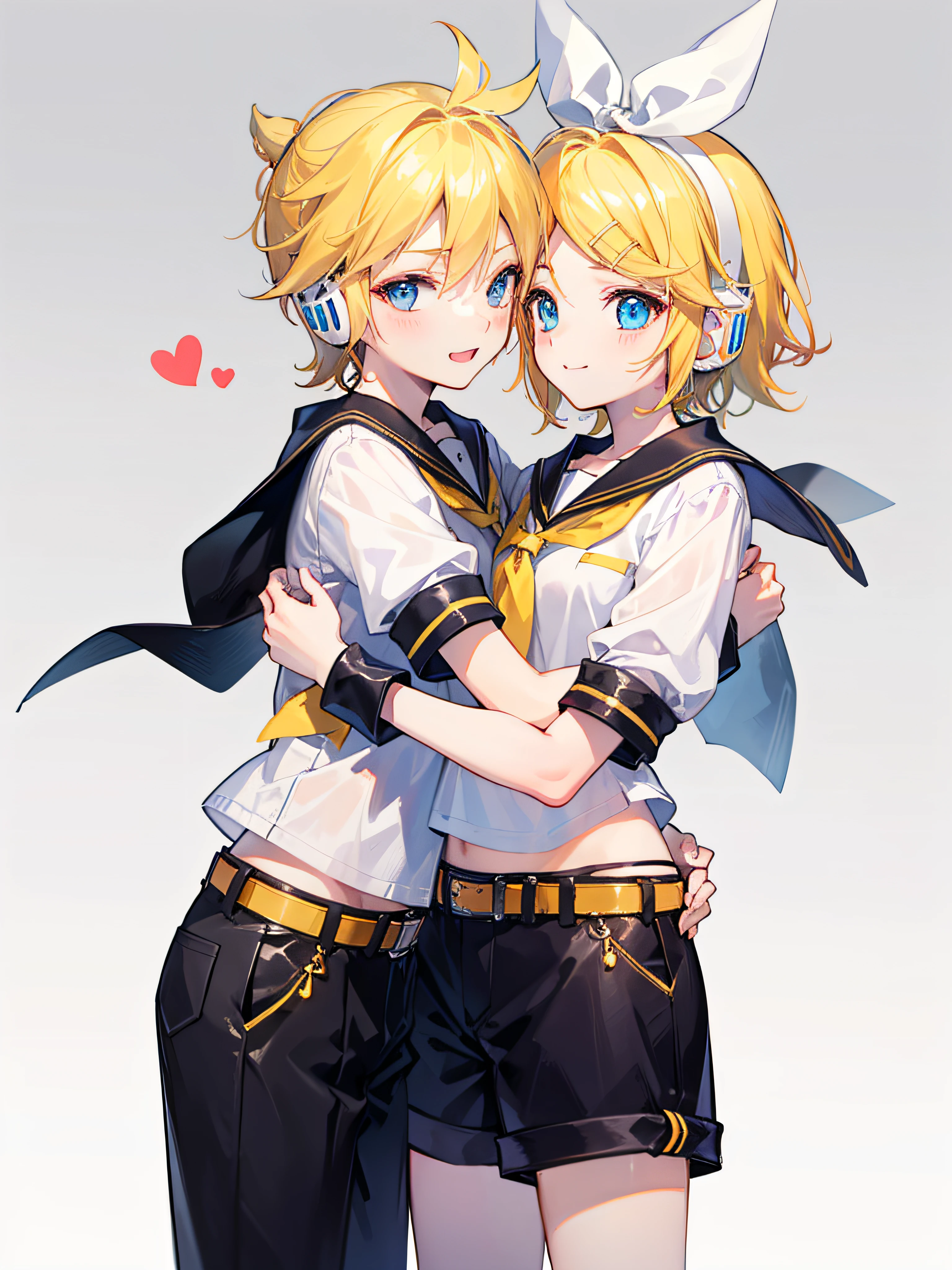 best quality, ultra precision, (only two person), (one boy and one girl), (a boy is Kagamine_Len), (a girl is Kagamine_Rin), blue eyes, cute, short hair, head phone, blond hair, sailor uniform, black short pants, belt, yellow necktie, smile, love each other, sibling, children, (boy is as tall as girl), kids, characters focus, couple, love each other, white background, look at each other, platonic love, cool boy, cute girl, (hug), cowboy shot, blush, about to kiss, boy is cowlick, little boy