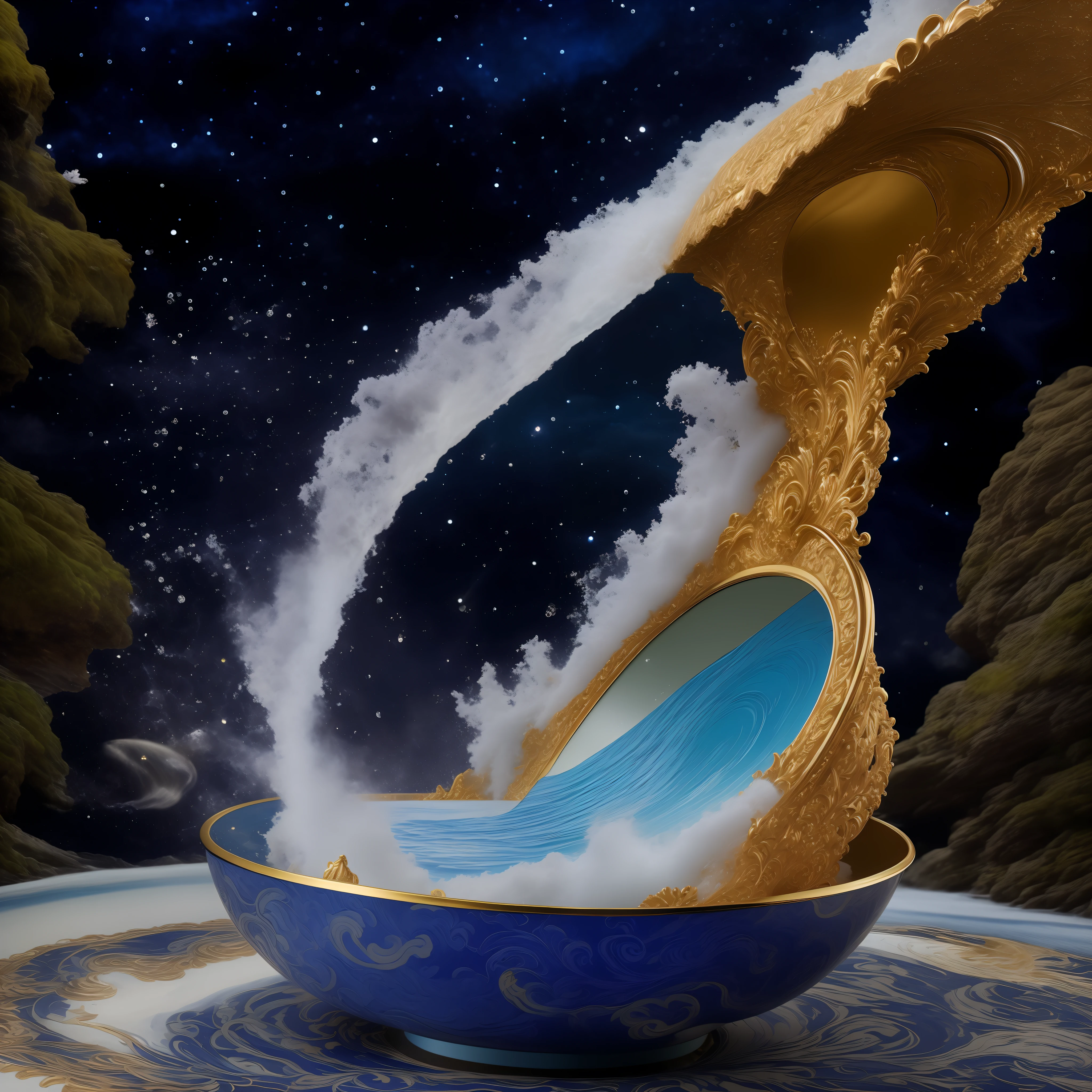 "tmasterpiece, Loaded with parts, floating, majestic sea singing, pours from the bowl, somewhere in the distance"
