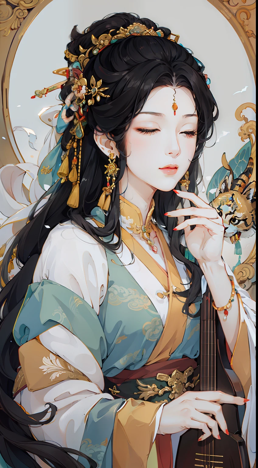 black_hair, 1girl, closed_eyes, long_hair, nail_polish, solo, jewelry,ancient art, chinese,