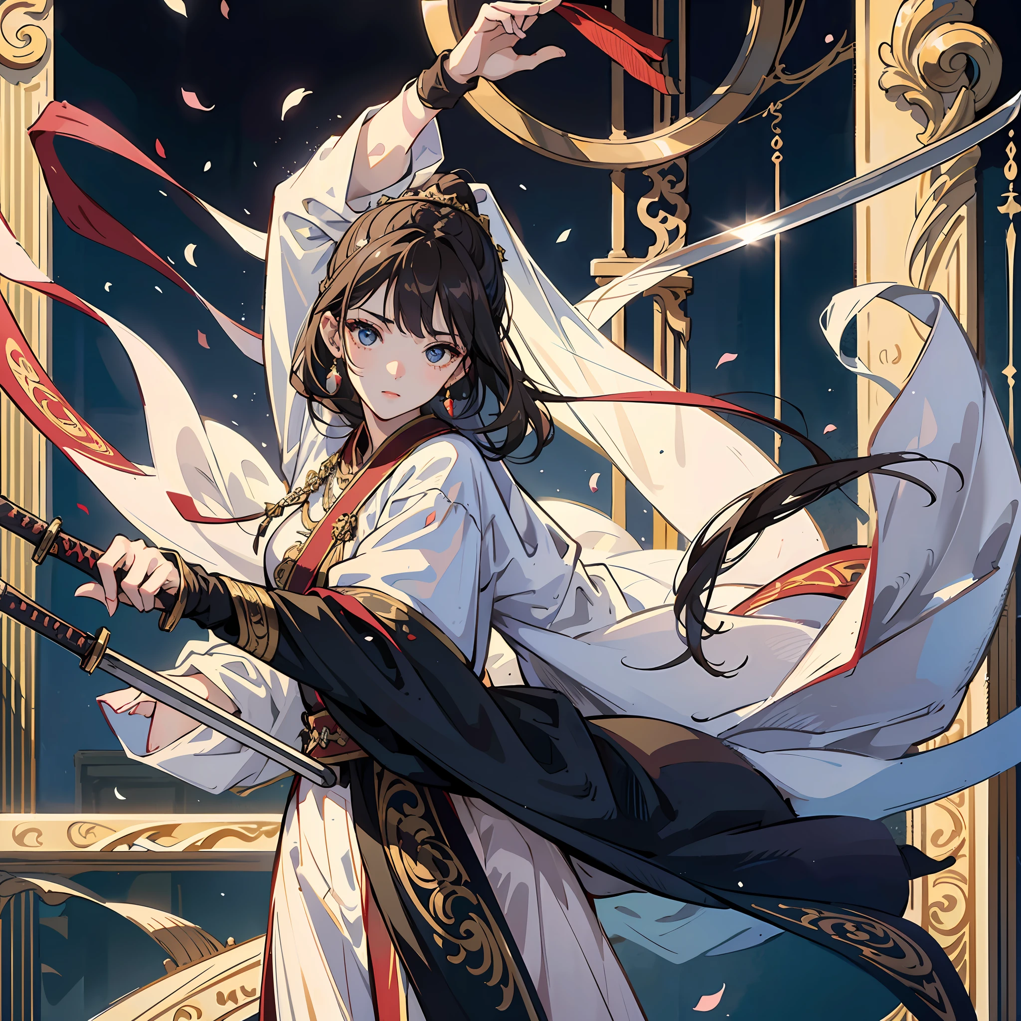 18yo Girl，Antique set，long sword，long whitr hair，brunette color hair，beautifulface，Sateen，Martial arts training ground，tmasterpiece，exquisite detailing，Perfect anatomy --auto