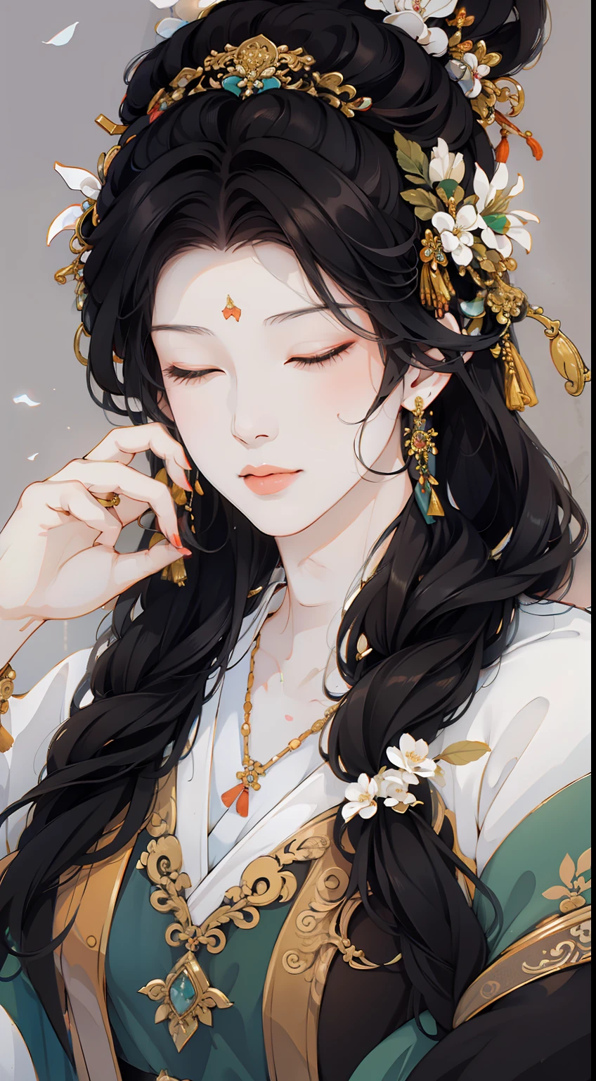 black_hair, 1girl, closed_eyes, long_hair, nail_polish, solo, jewelry,ancient art, chinese,