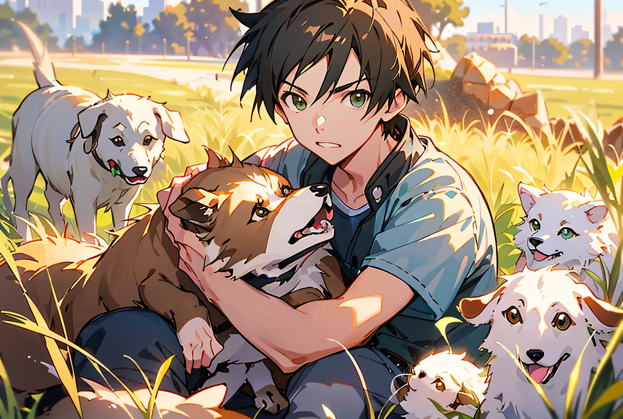 Anime boy holding dog on grass with other dogs, Kawasi, Guviz-style artwork, Guweiz e Makoto Shinkai, ( ( Makoto Shinkai ) ), Guviz, Makoto Shinkai Cyril Rolando, makoto shinkai art style, Makoto Shinkai!, High-quality fanart