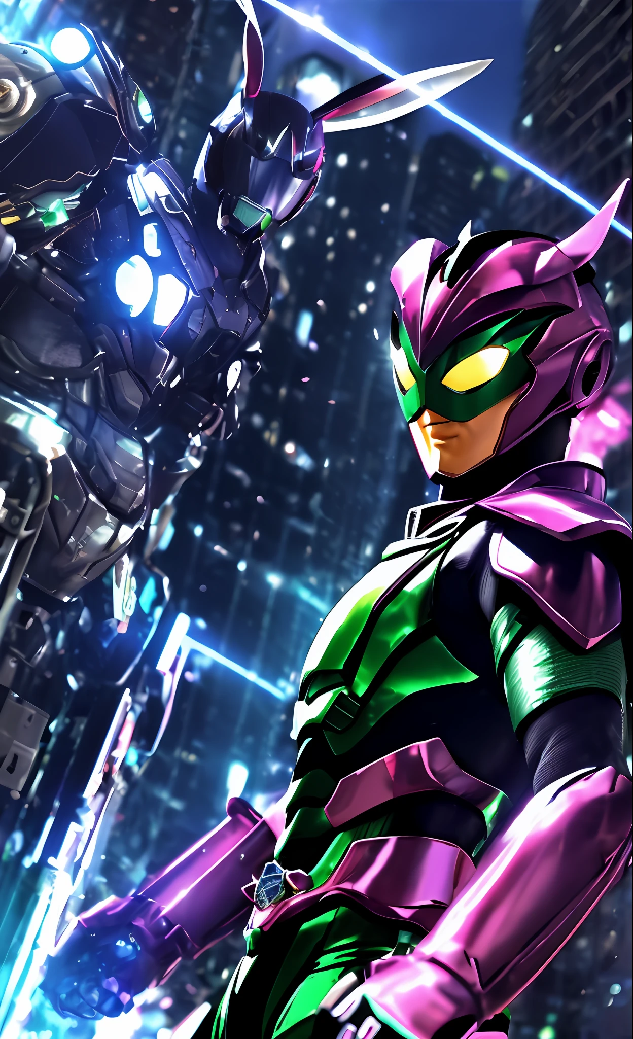 A highly detailed「Kamen Rider in the shape of a rabbit」3D rendering of a|cyborgs]Pink cybernetics and pink armor、nffsw、8K、Sub-surface scattering、Specular Light、Hi-Res、octane renderings、Ray traching、Pink rabbit ears、Mobilesuit、Ride Hara Chari、natta