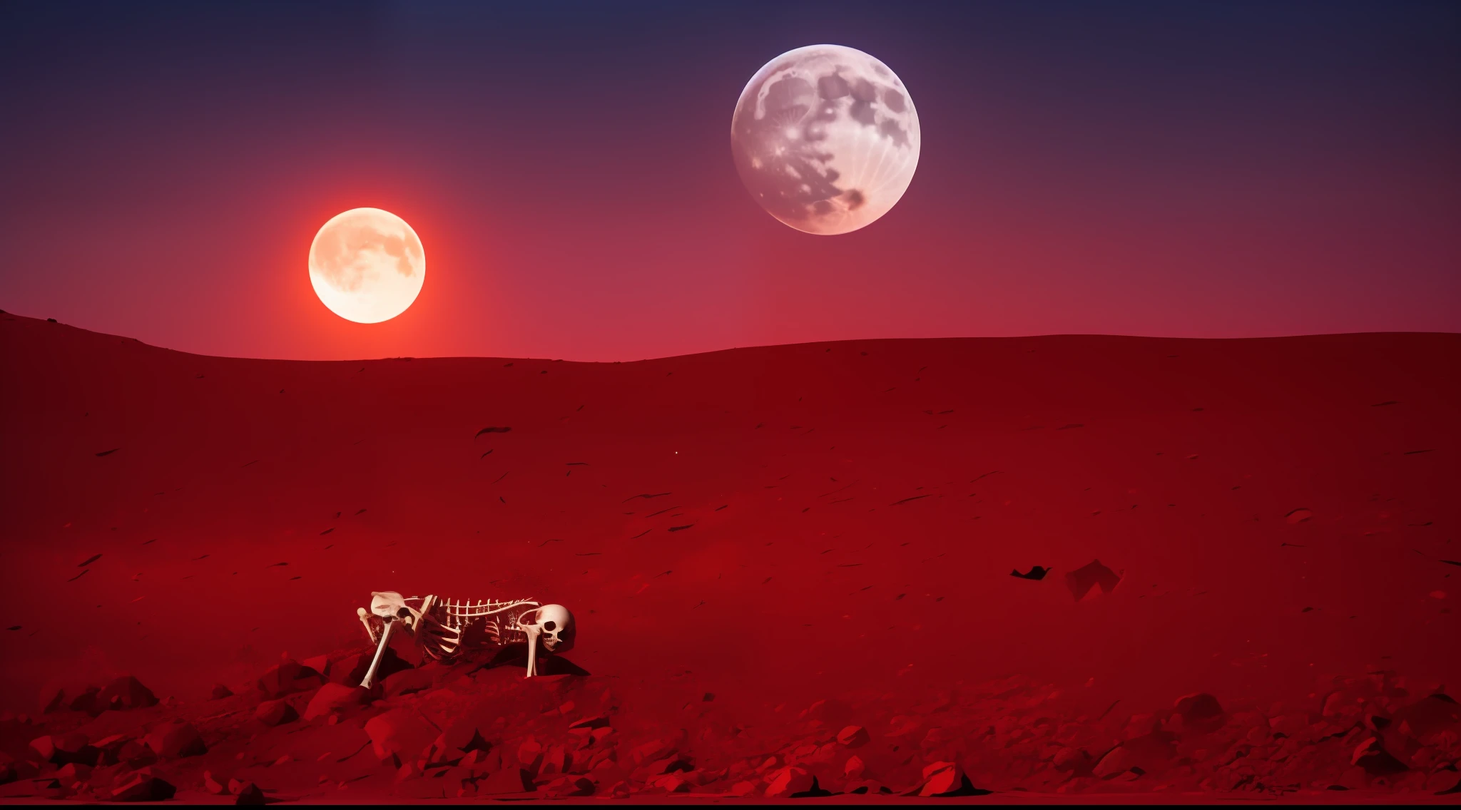 The end of the world,A humanoid skeleton skeleton,Slowly burrowing out of the soil,Red Moon --auto