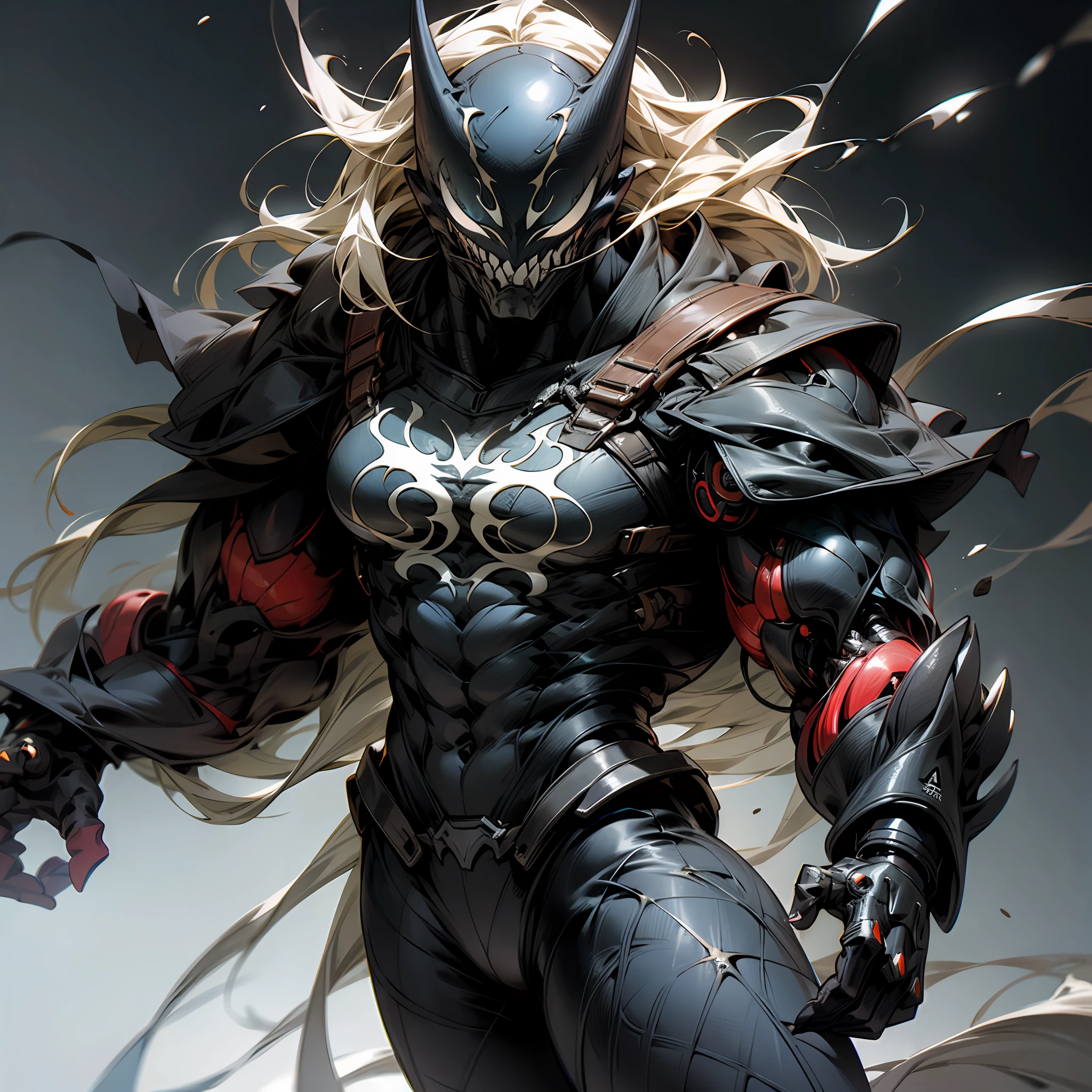 "An awe-inspiring depiction of Venom symbiote merging with a formidable and muscular cyborg, showcasing their fascinating and powerful presence."