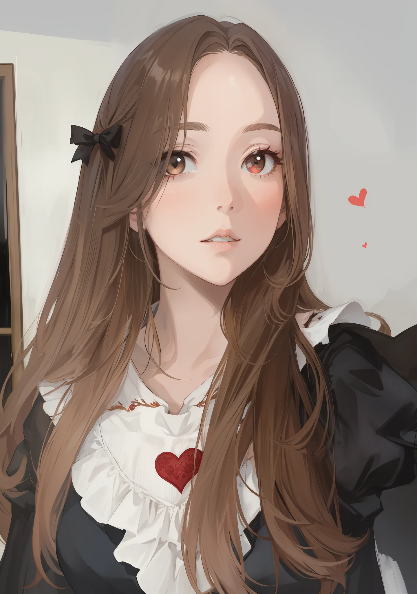 Girl with big eyes and long brown hair, looking at the viewer, wearing dress, ta's dress, red embroidery in the shape of a heart on the chest, Anime style, Professional art, tmasterpiece