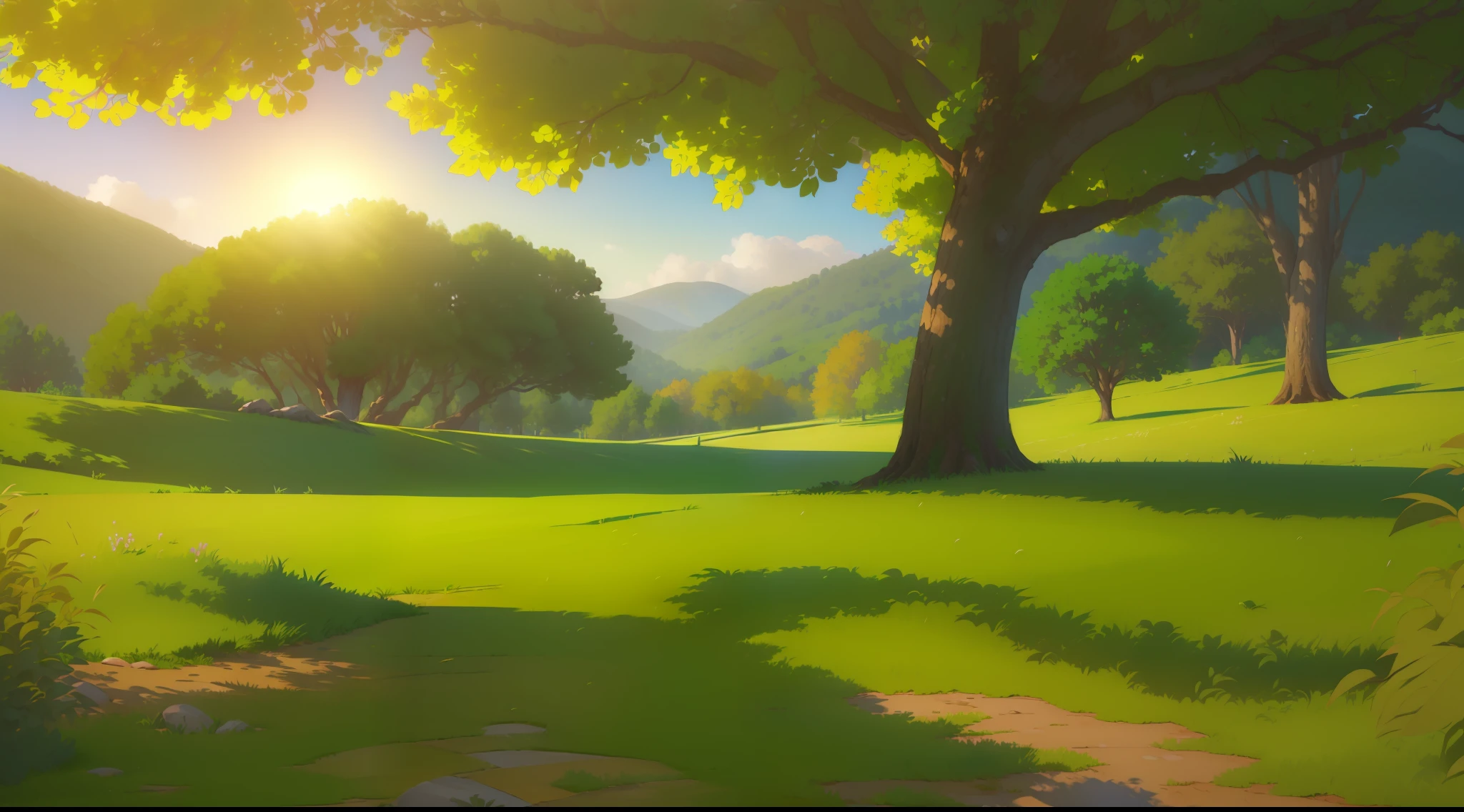 (extremamente detalhado CG unidade 8k papel de parede, obra-prima, melhor qualidade, lawn with green grass and trees, montanhas impressionantes:1.3), bela paisagem natural, plano amplo, cores vibrantes, Luz do Sol suave, sombras sutis, atmosfera tranquila, serene and peaceful