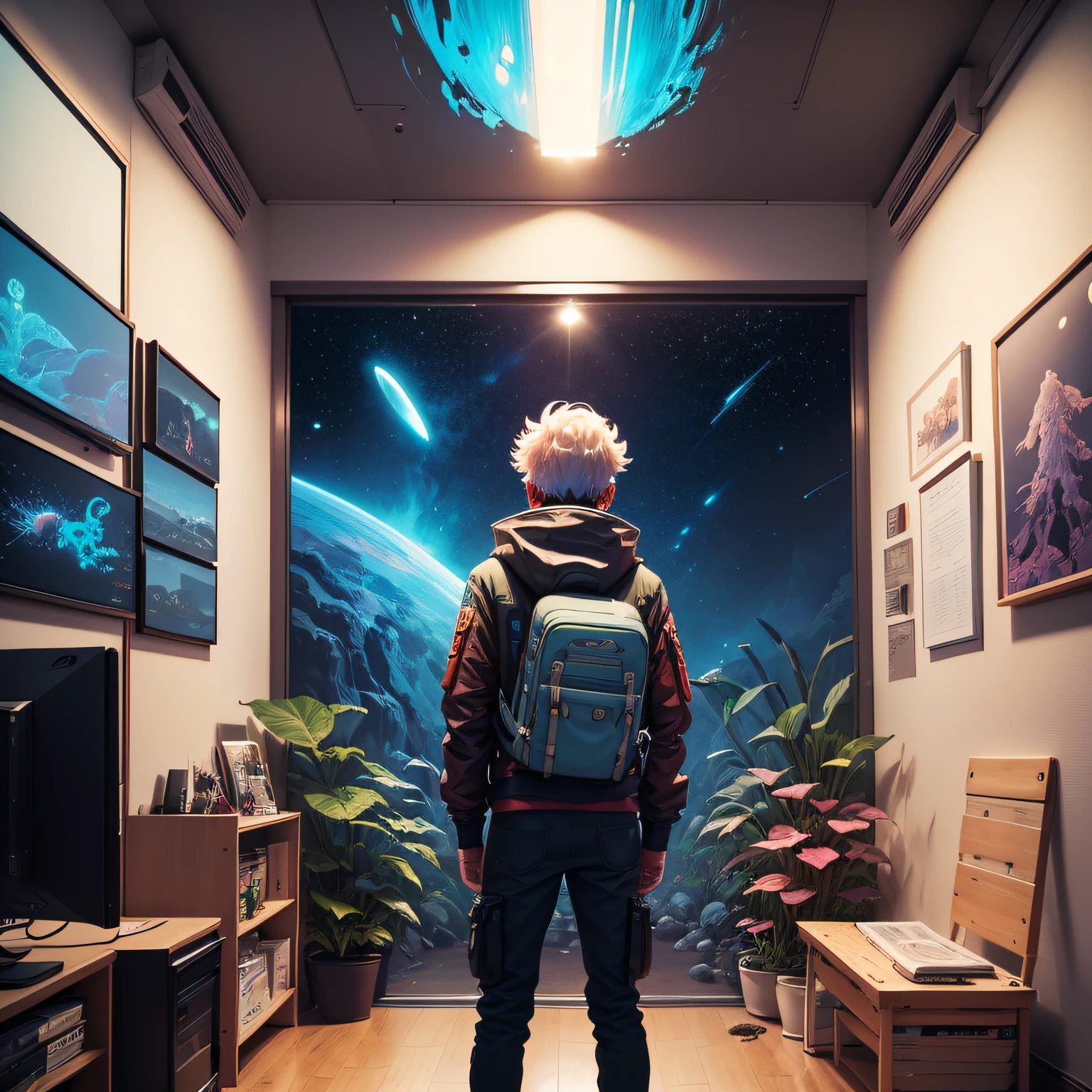 photo of a explorer with an axolotl as a pet inside the space with a psychedelic backgroun, style of laurie greasley, studio ghibli, akira toriyama, james gilleard, genshin impact, trending pixiv fanbox, acrylic palette knife, 4k, vibrant colors, devinart, trending on artstation, low details --auto