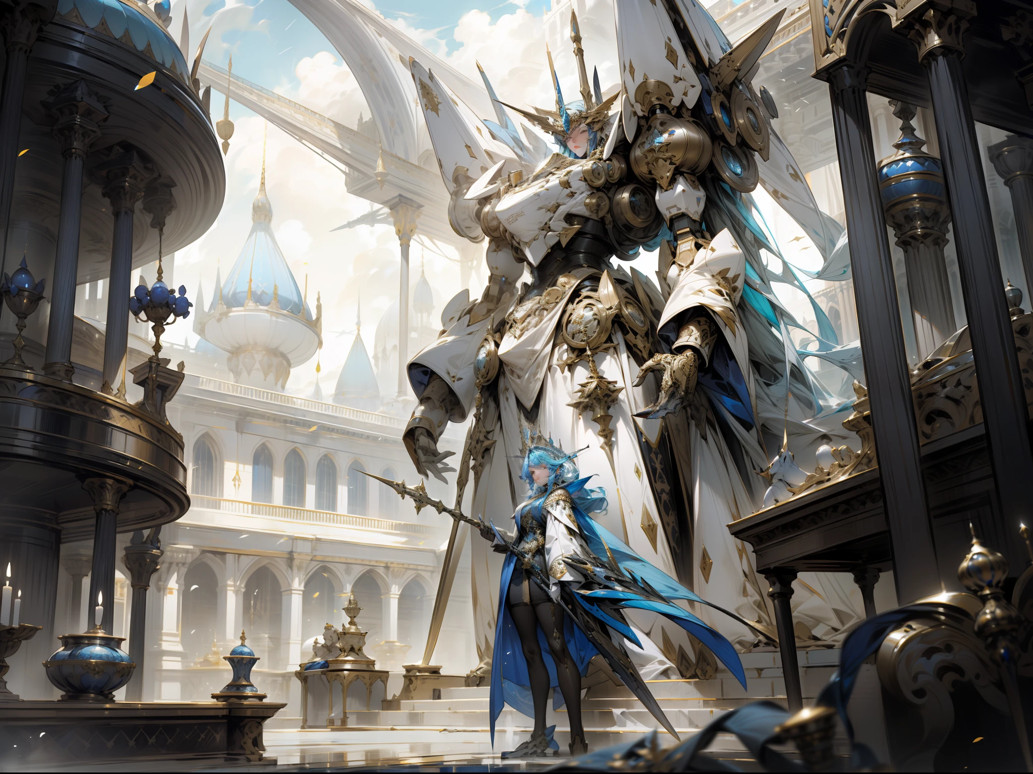 Picture an impressive royal mecha, predominantly black accents, standing tall and holding a huge spear on the palace courtyard alone. This mecha features a futuristic design with intricate details. The blue accents on certain parts add a luxurious gleam and highlight its design lines. In the background an epic and mesmerizing atmosphere.