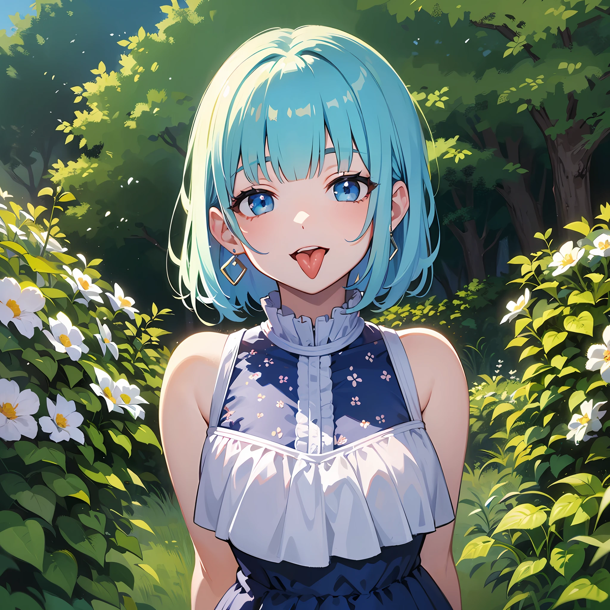 (masterpiece:1.3), (best quality:1.3), high resolution, 


couboy shot, 
head tilt, leaning forward, 

cute girl, two people, 
white skin, small Breast, eight-headed person, 
light blue hair, (bobbed hair:1.2), (short hair:1.2), (blunt bangs:1.2), beautiful hair, blue eyes, beautiful detailed eyes, 

(tongue out:1.3), cheerful smile, 

sleeveless dress, frilled dress, earrings, 

outdoors, flower garden, natural park, 

shadowlighting,