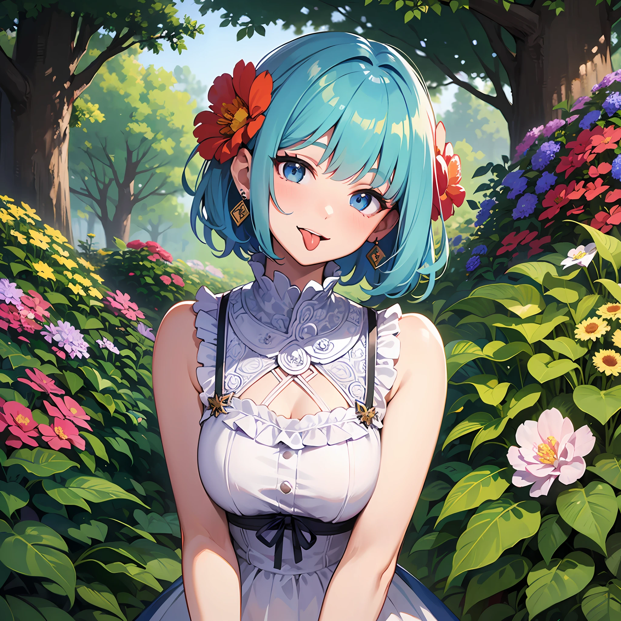 (masterpiece:1.3), (best quality:1.3), high resolution,
couboy shot,
head tilt, leaning forward,
cute girl, two people,
white skin, small Breast, eight-headed person,
light blue hair, (bobbed hair:1.2), (short hair:1.2), (blunt bangs:1.2), beautiful hair, blue eyes, beautiful detailed eyes,
(tongue out:1.3), cheerful smile,
sleeveless dress, frilled dress, earrings,
outdoors, flower garden, natural park,
shadowlighting,