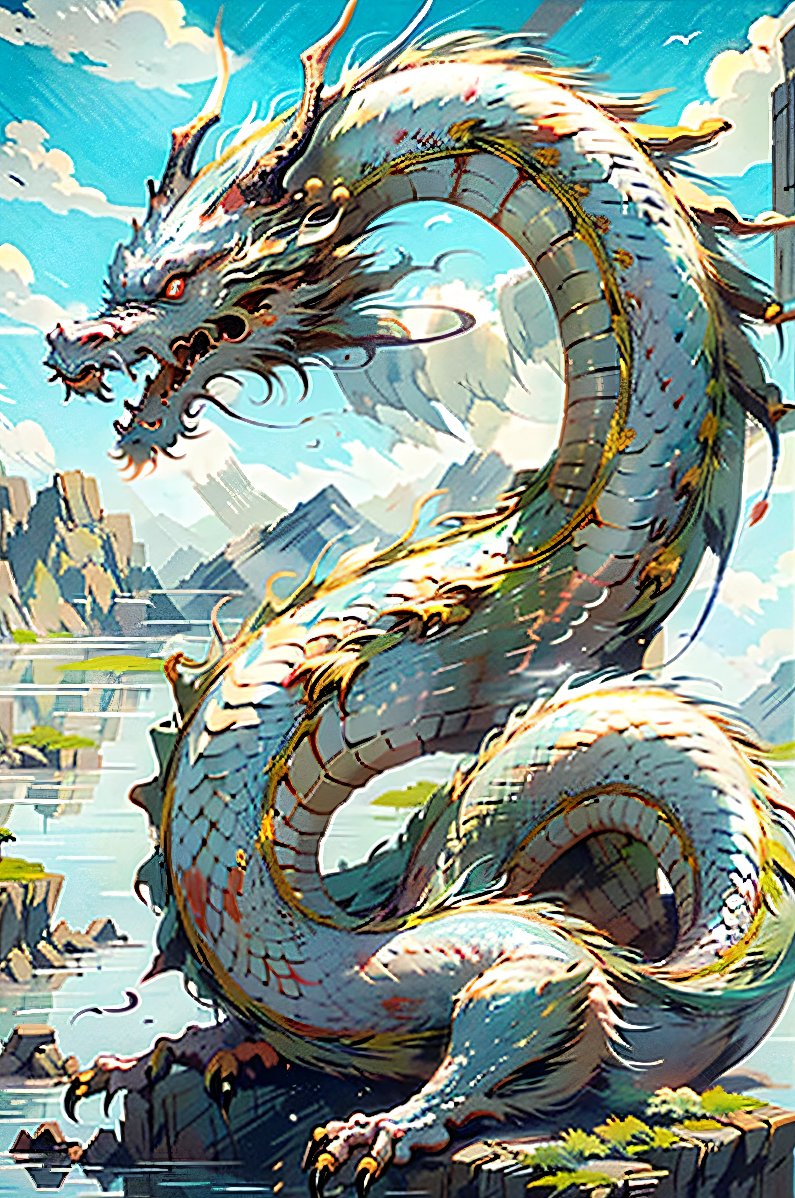 best qualtiy, tmasterpiece, 超高分辨率, Naked non-humans, (The long: 1.2), Skysky, red eyes, clouds, scutes, Dark Eastern Dragon, with her mouth open, dentes pontiagudos, fly, banya, teeth, daysies, clawed paws, fang, Blue sky Chinese dragon、explore、mountain water、scutes、respectable、strength、plateau、Traditional pattern、