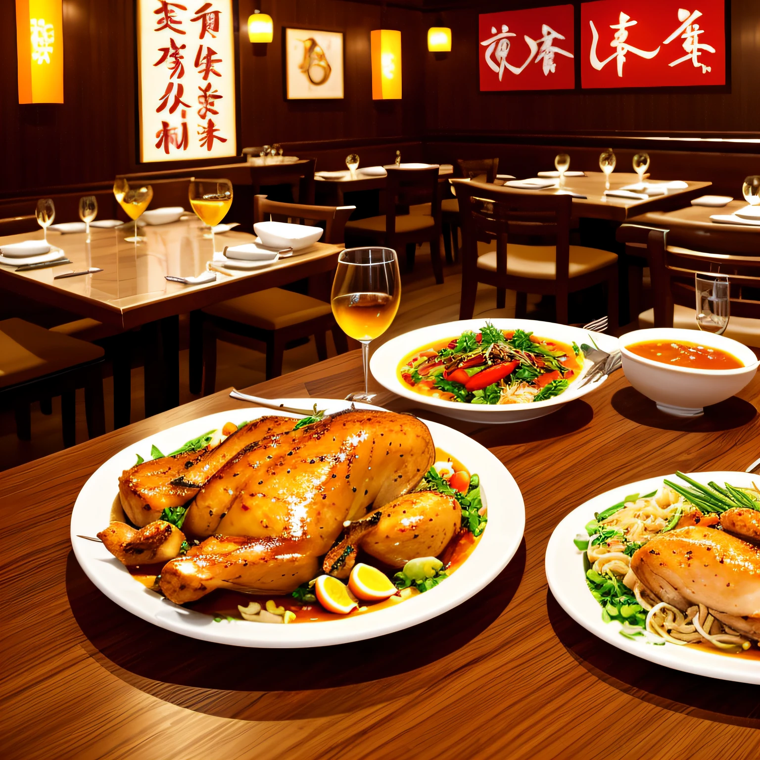The Chinese restaurant has tables with large roast chicken on top,Steamed fish,warm and joyful atmosphere, Focus the visual magnification on the table, Close-up of table food, Vibrant atmosphere, upscale restaurant, the table is full of food, restaurant interior photography, Close-up of table food,Fine dining, look at the details, Sparkling atmosphere,The food was realistic,Hot food,A gourmet feast,is a realistic fantasy rendering --auto